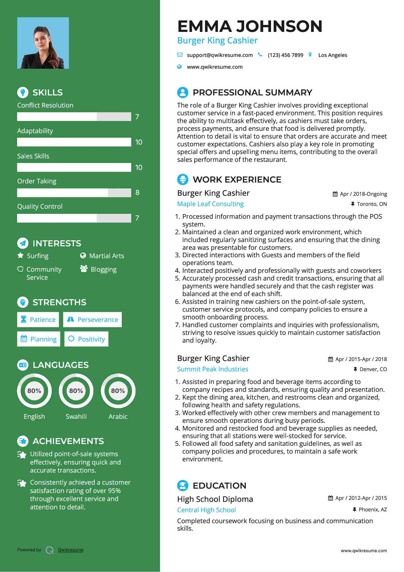 Burger King Cashier Resume Sample