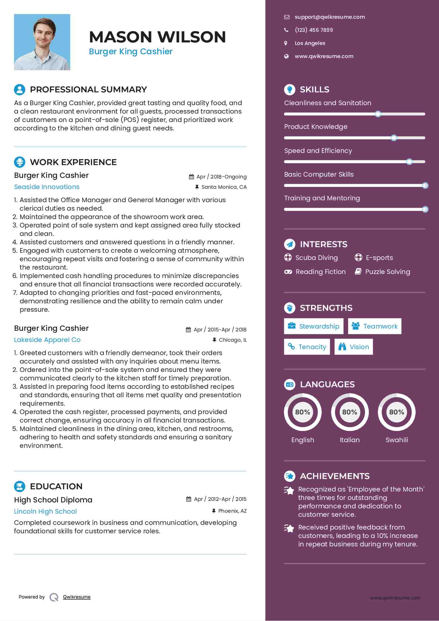 Burger King Cashier Resume Example