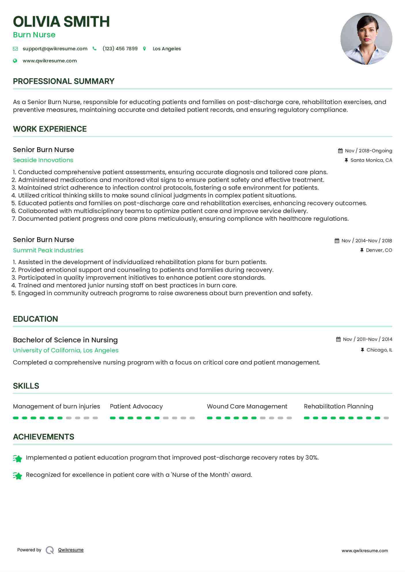 Senior Burn Nurse Resume Sample