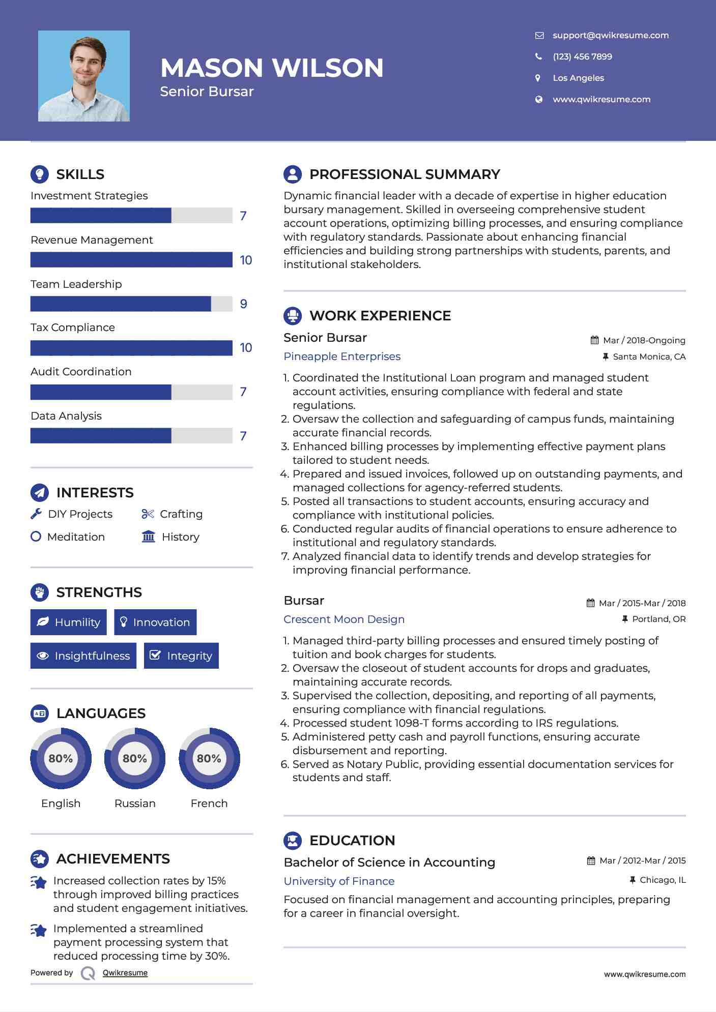Senior Bursar Resume Format