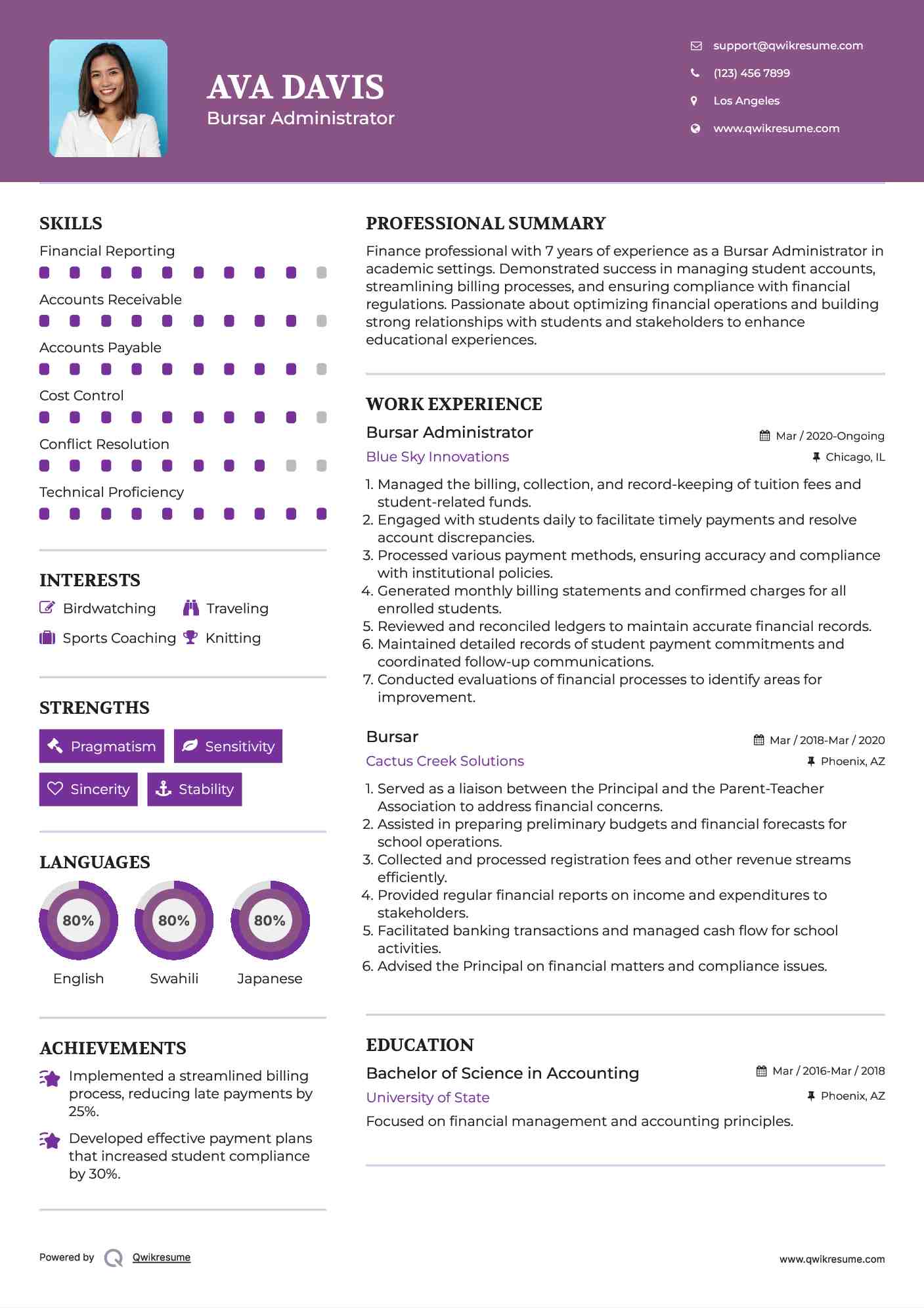 Bursar Administrator Resume Model