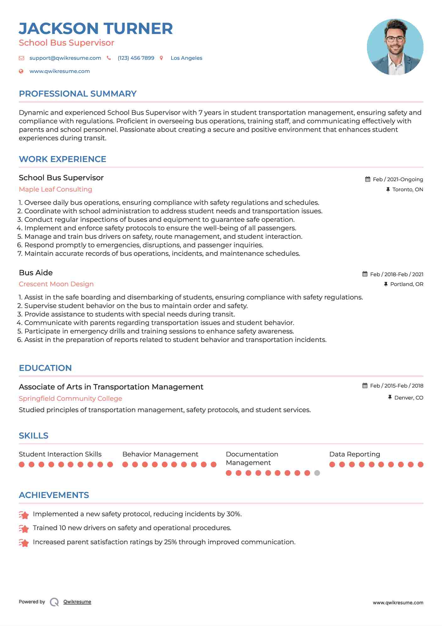 School Bus Supervisor Resume Example