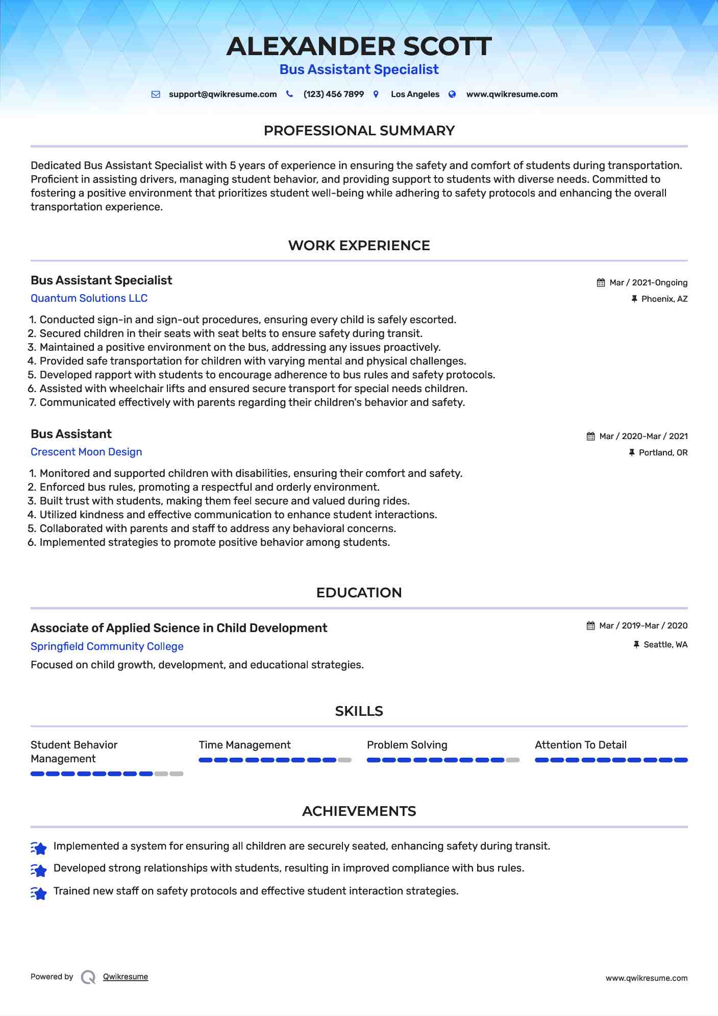 Bus Assistant Specialist Resume Format