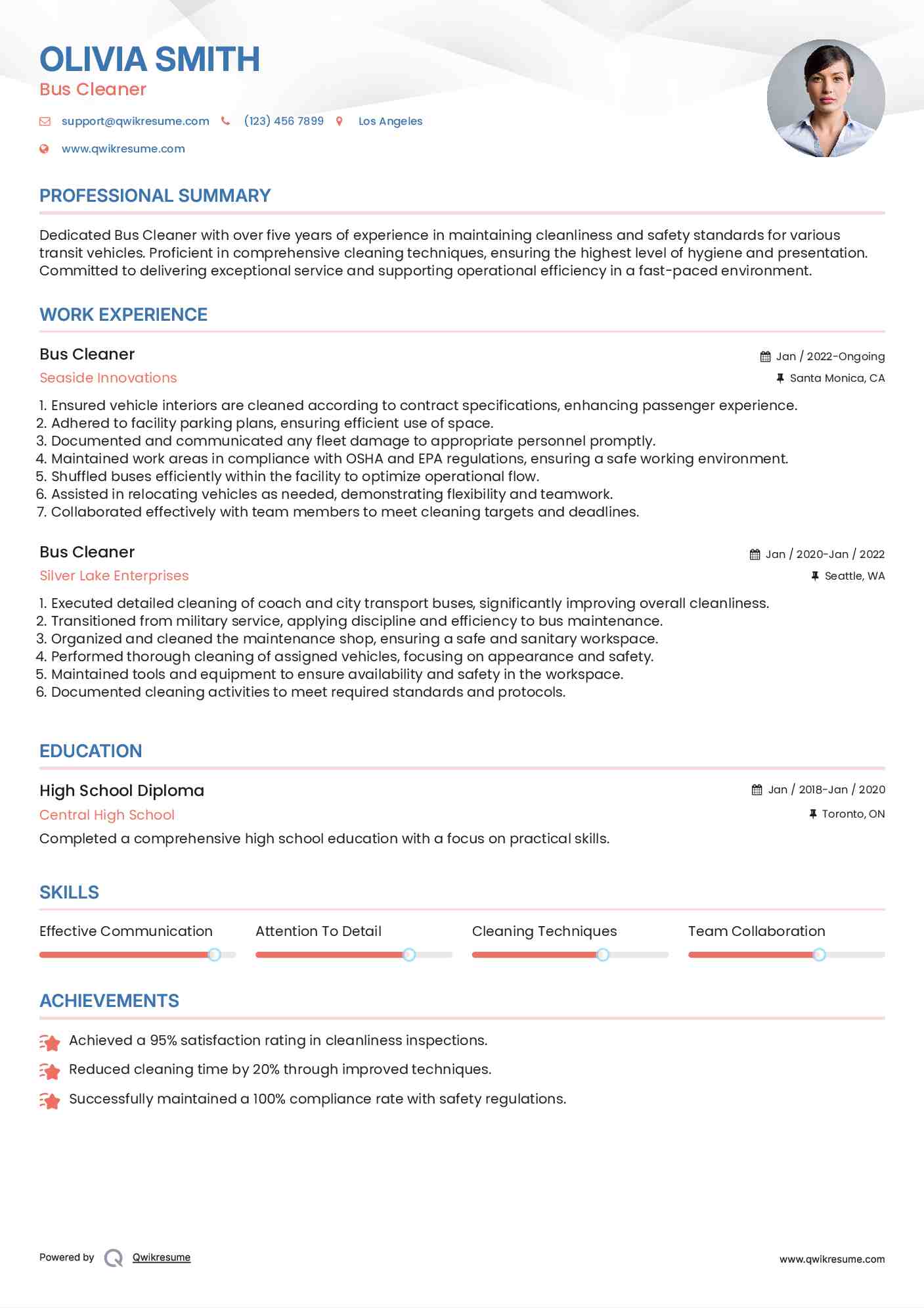 Bus Cleaner Resume Template
