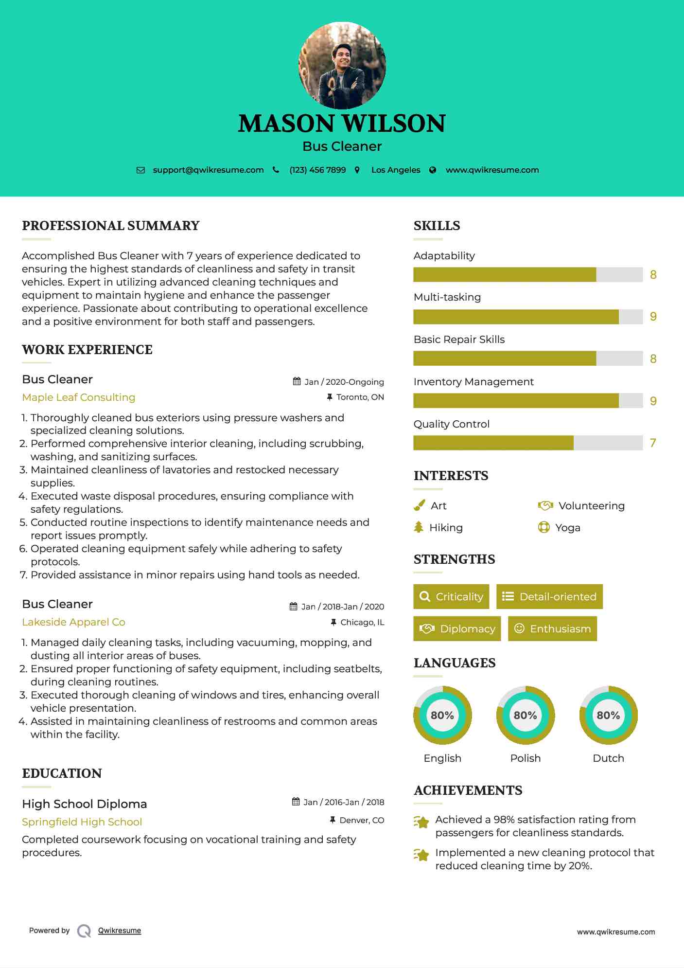 Bus Cleaner Resume Example