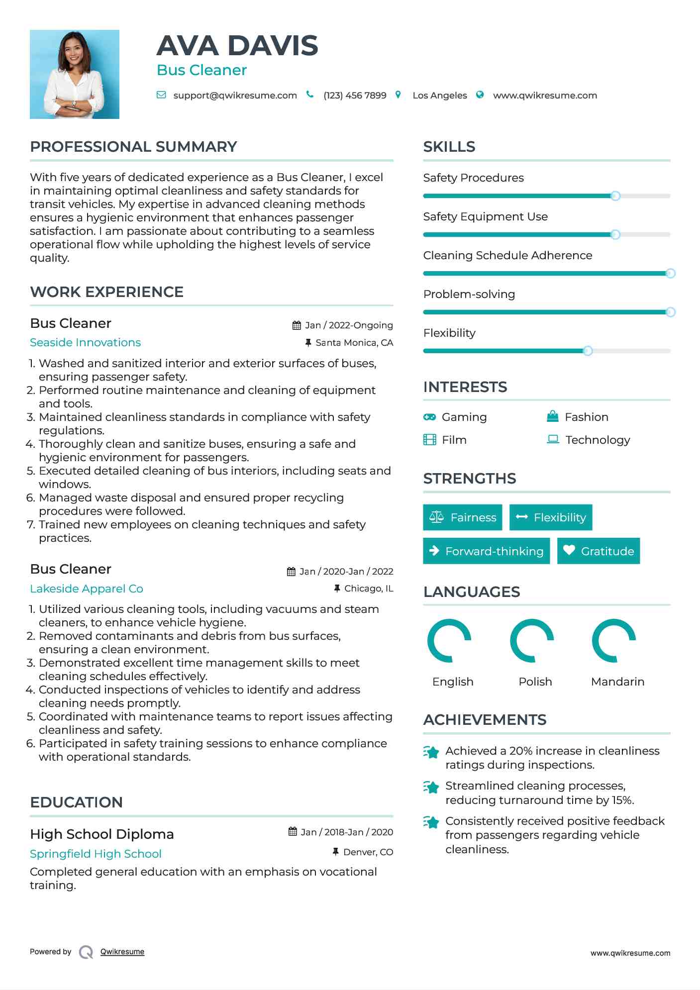 Bus Cleaner Resume Samples QwikResume
