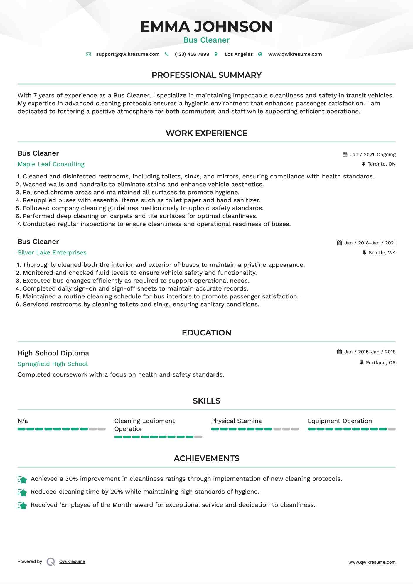Bus Cleaner Resume Model