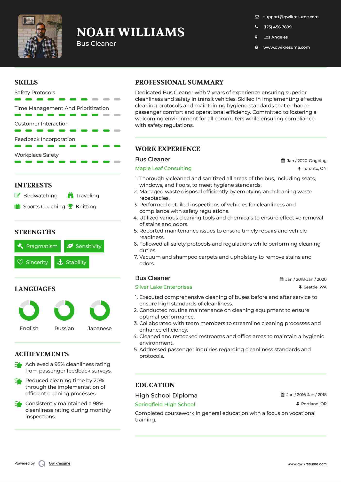 Bus Cleaner Resume Model