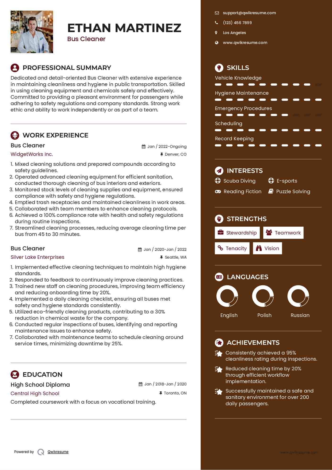 Bus Cleaner Resume Example