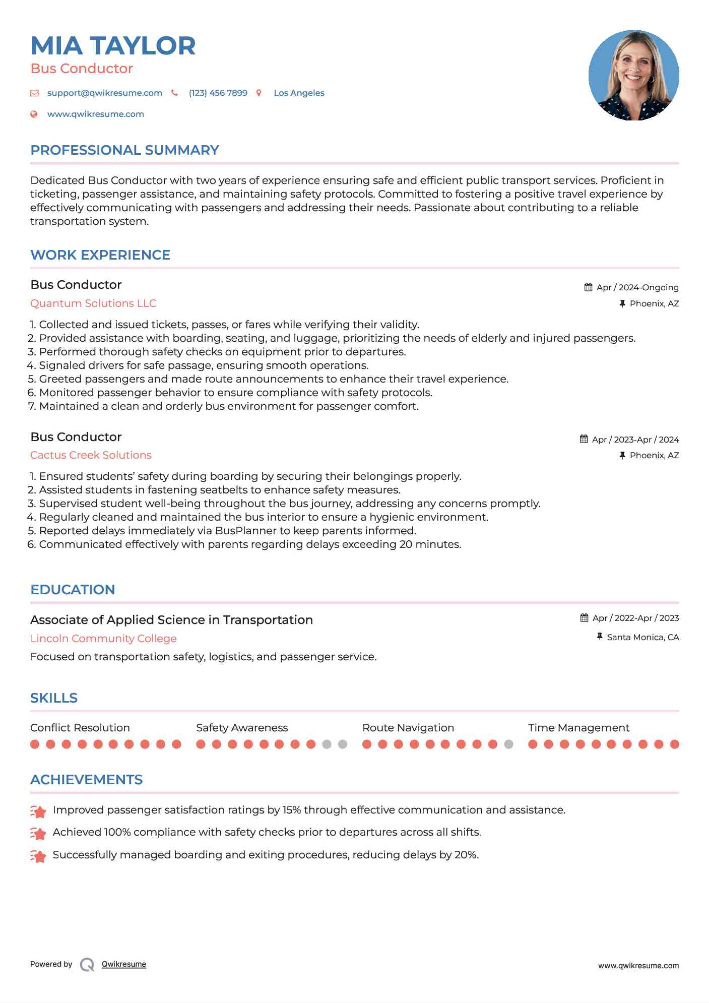 Bus Conductor Resume Sample