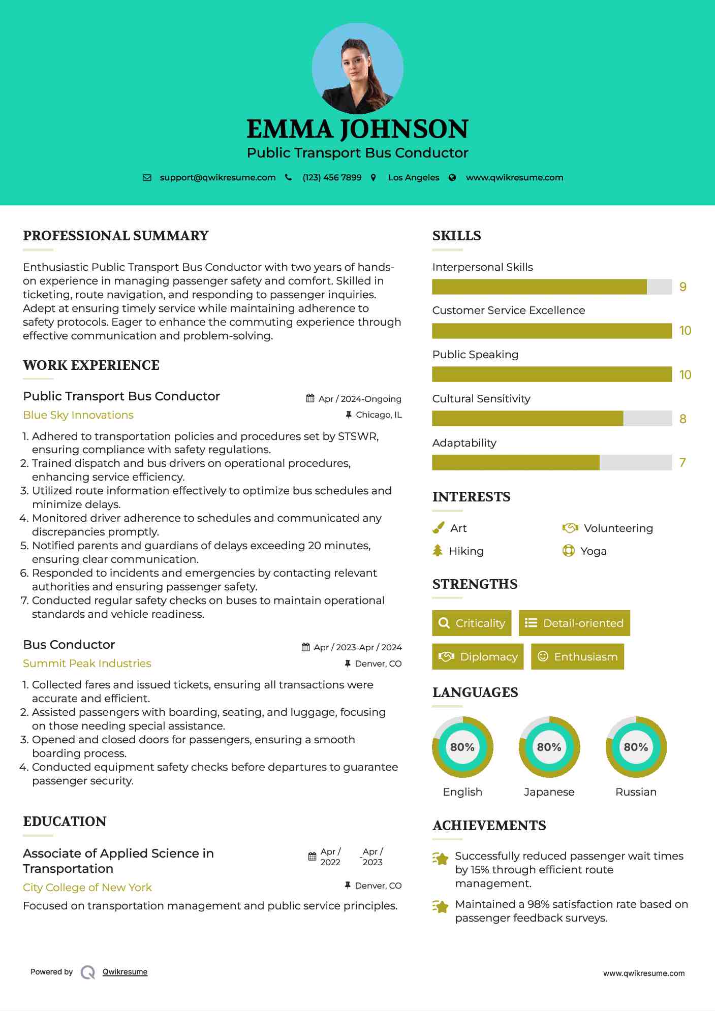 Public Transport Bus Conductor Resume Example
