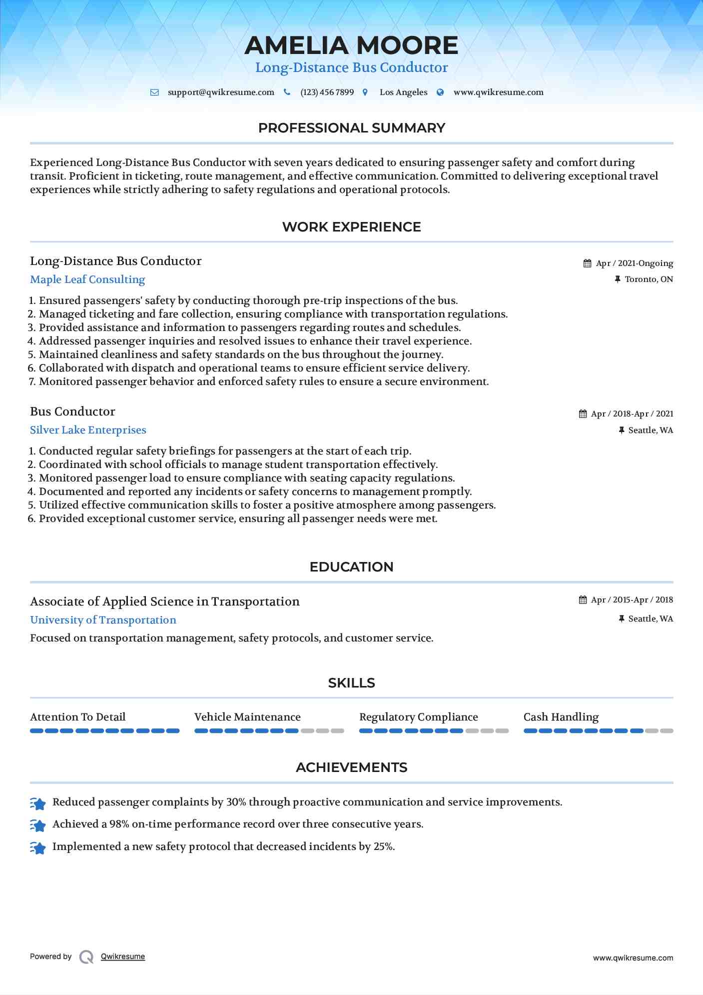 Long-Distance Bus Conductor Resume Format