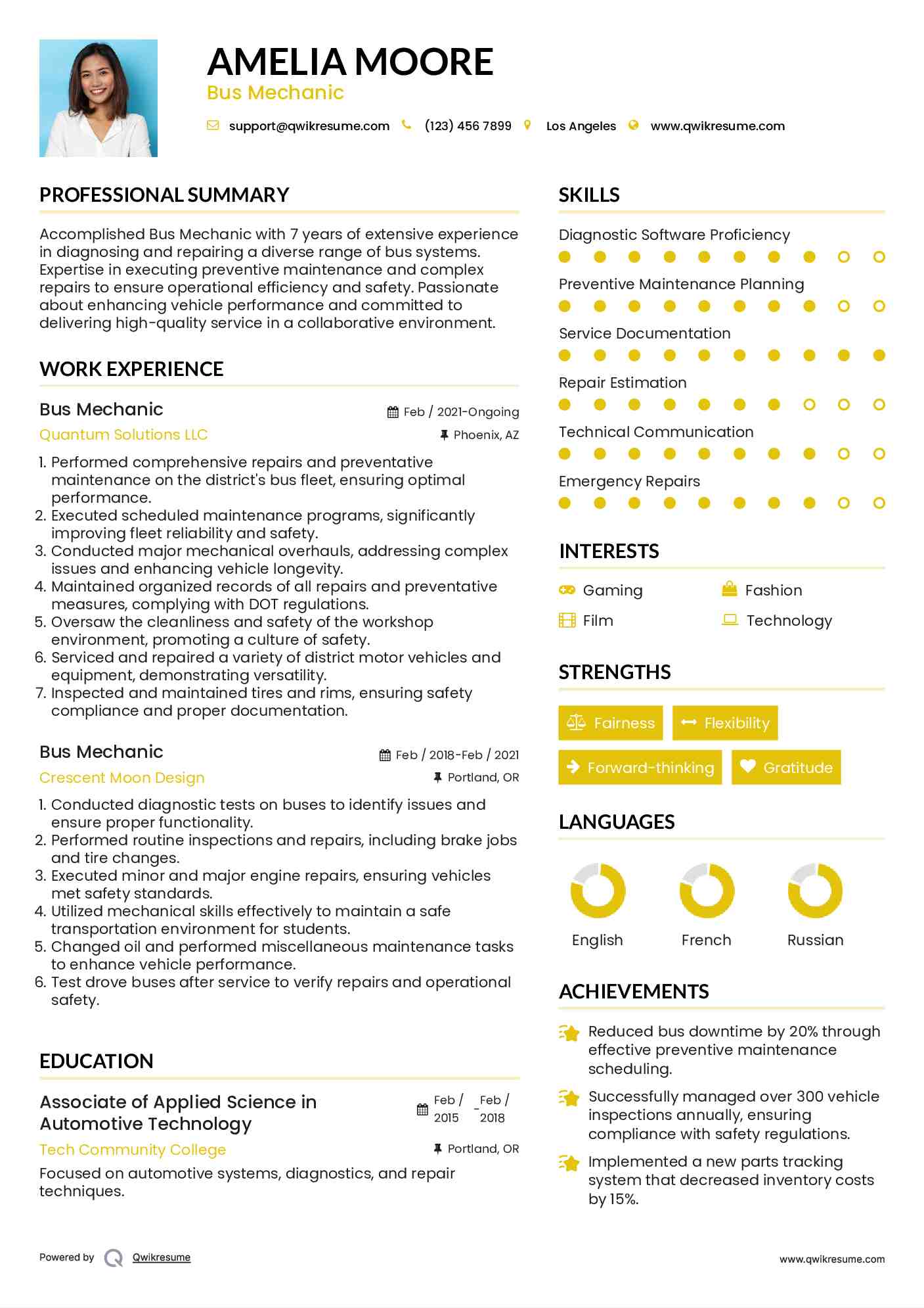 Bus Mechanic Resume Sample