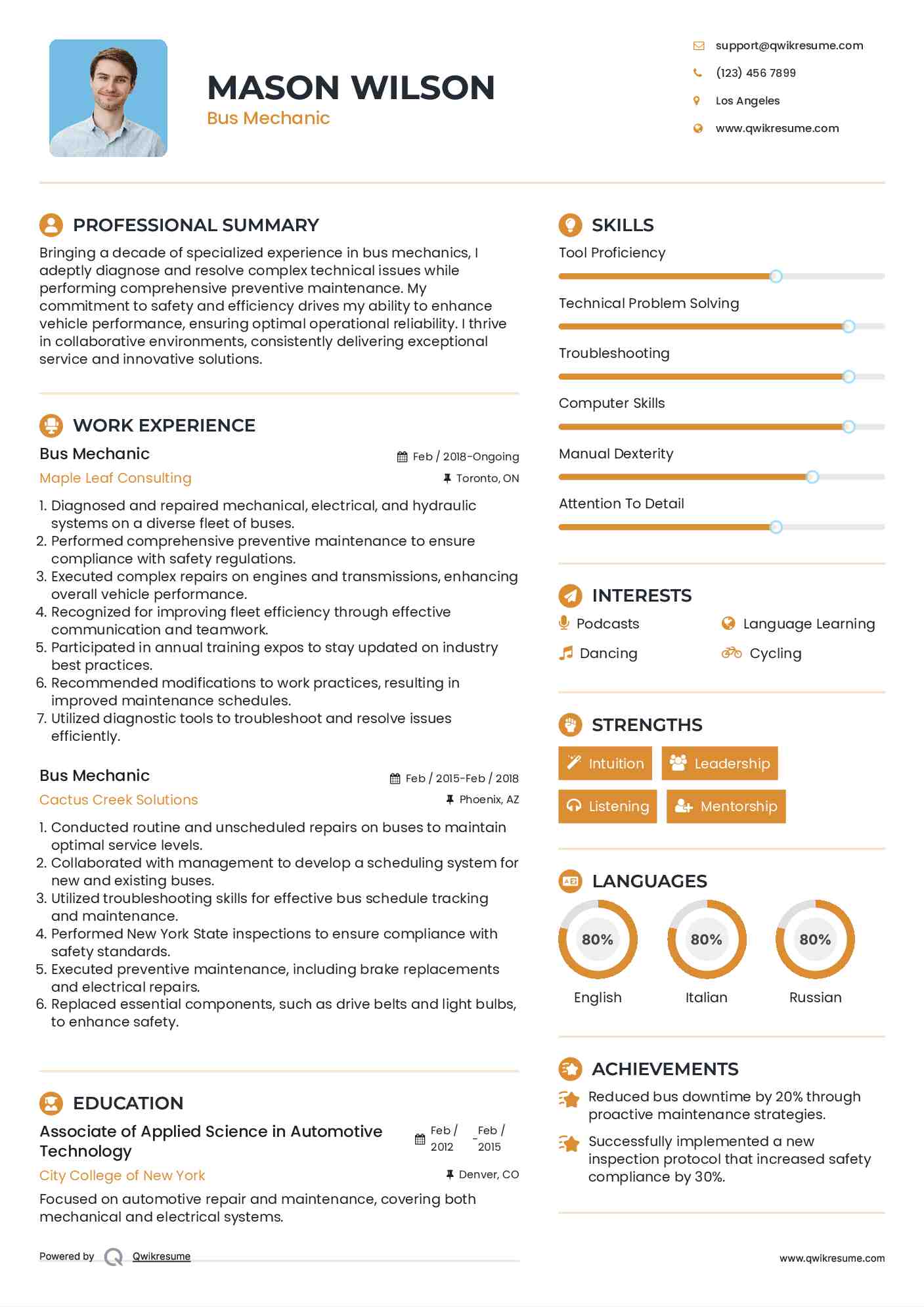 Bus Mechanic Resume Sample