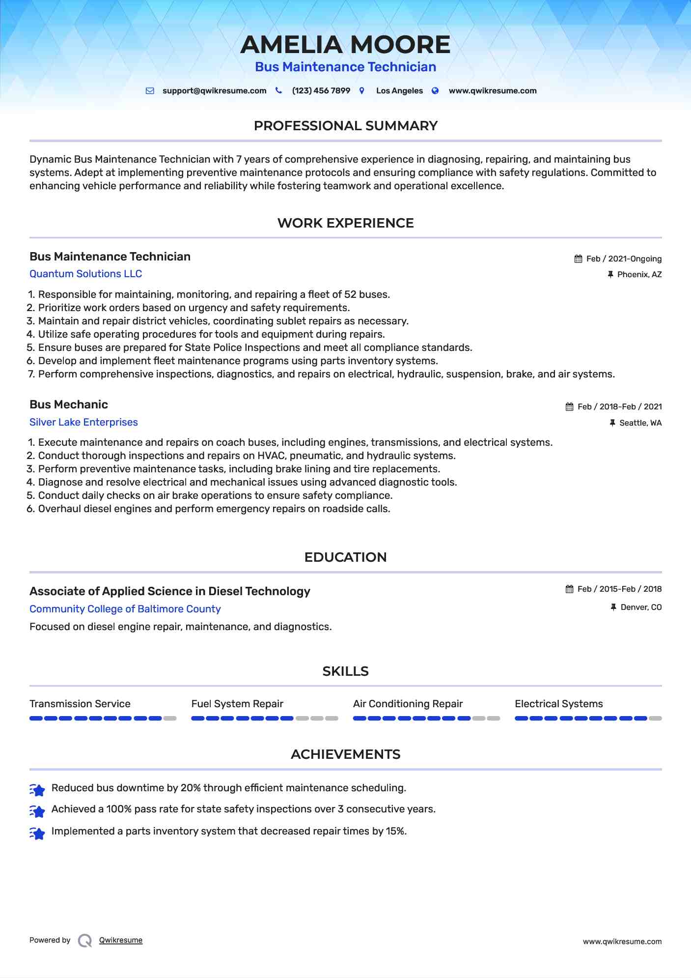 Bus Maintenance Technician Resume Format