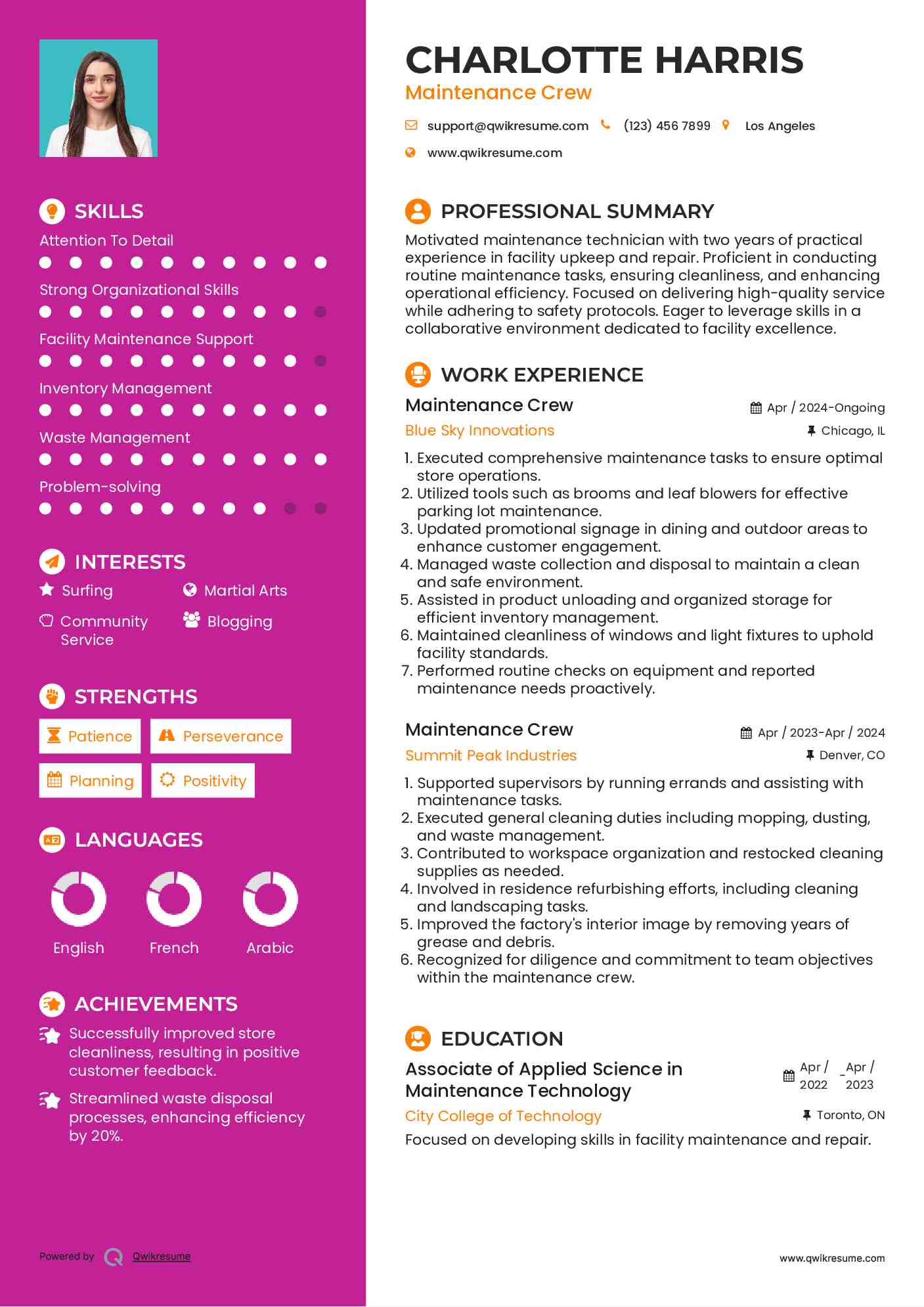 Maintenance Crew Resume Example