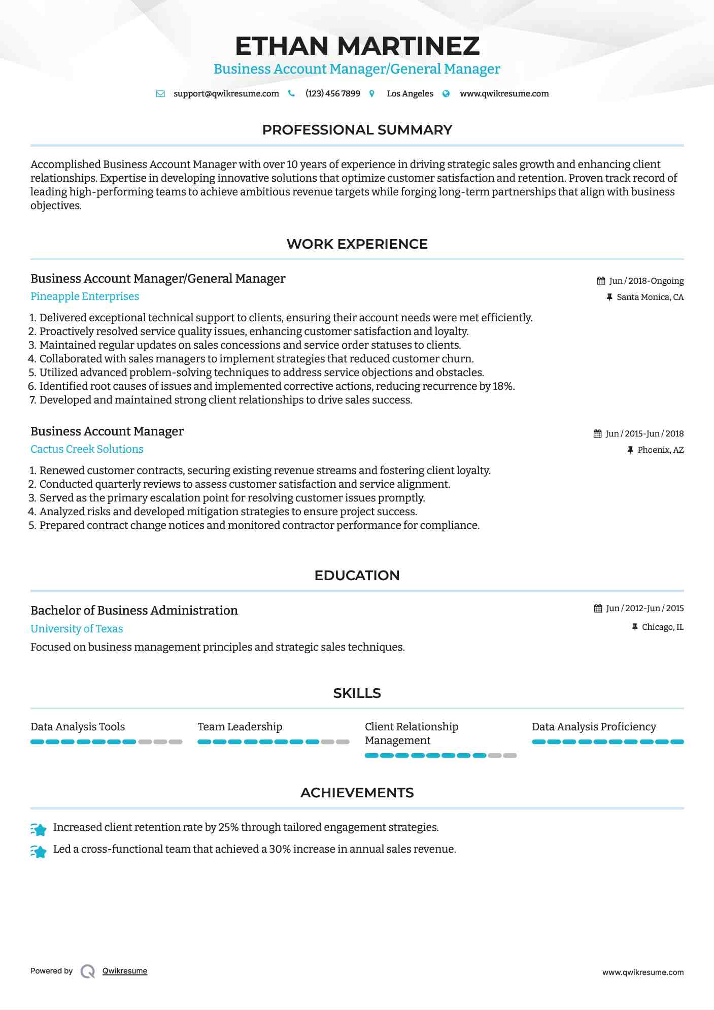 Business Account Manager/General Manager Resume Sample