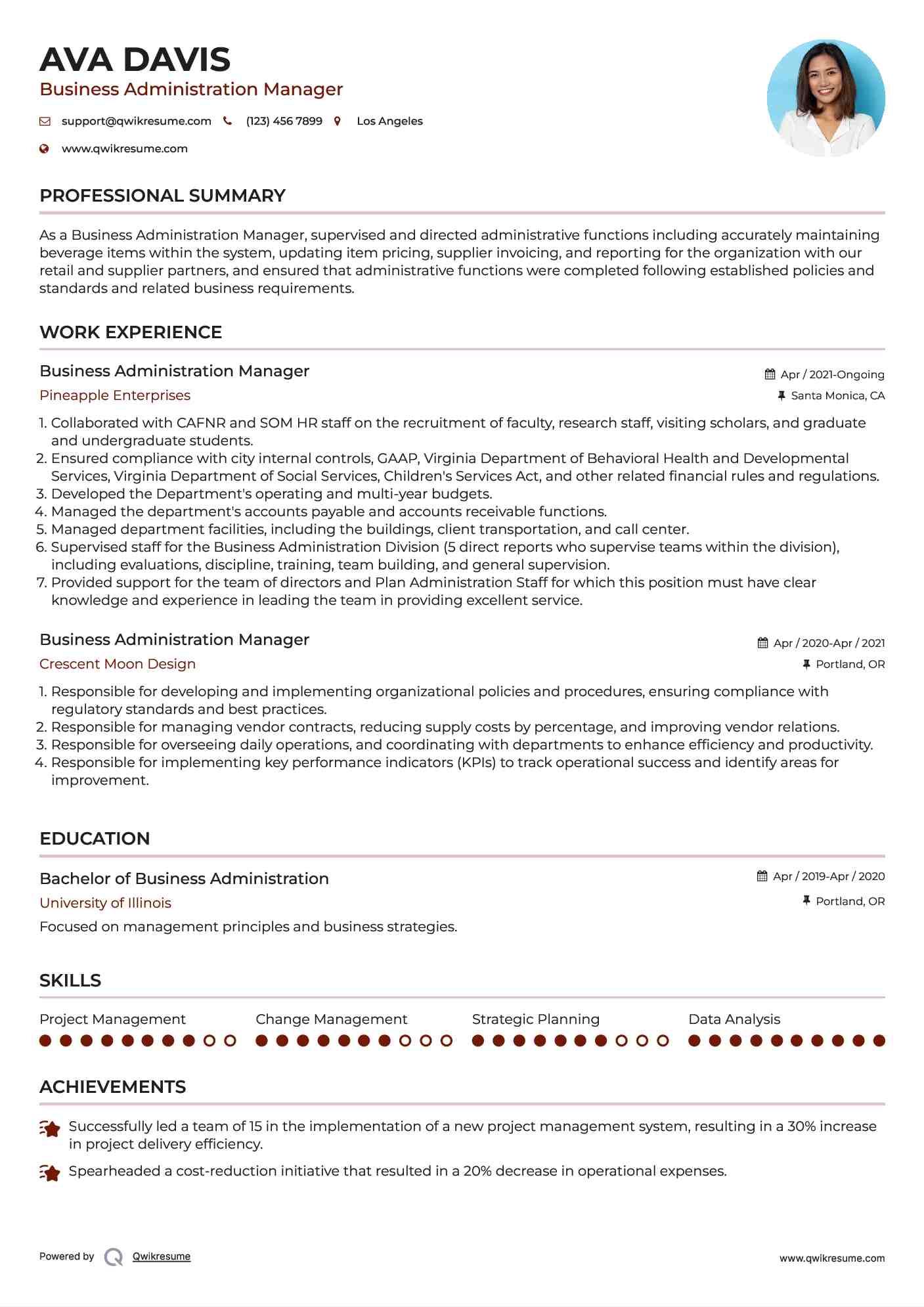 Business Administration Manager Resume Sample