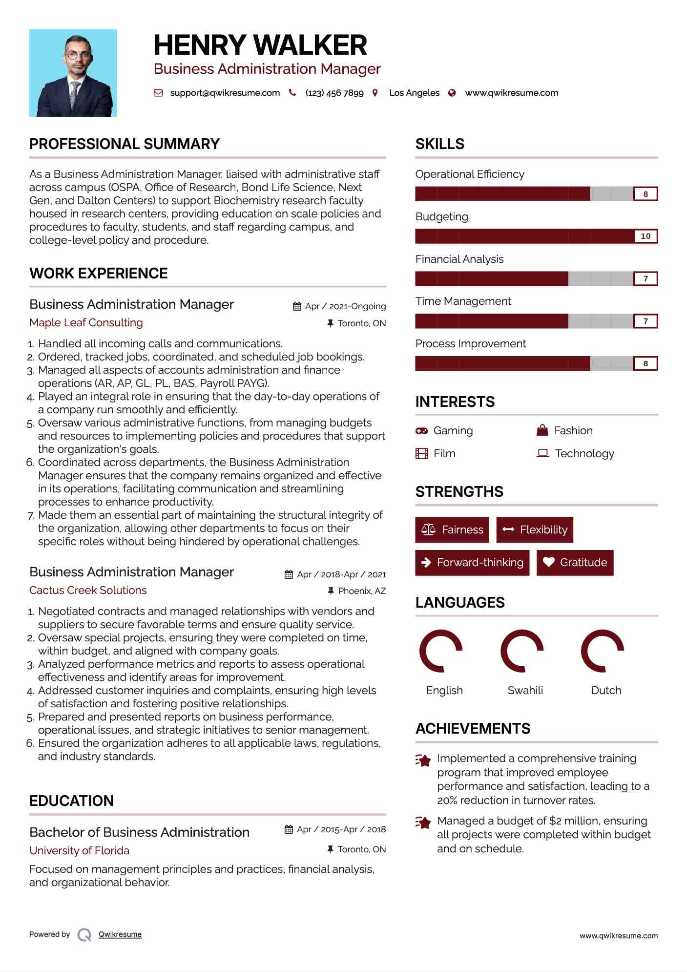 Business Administration Manager Resume Example