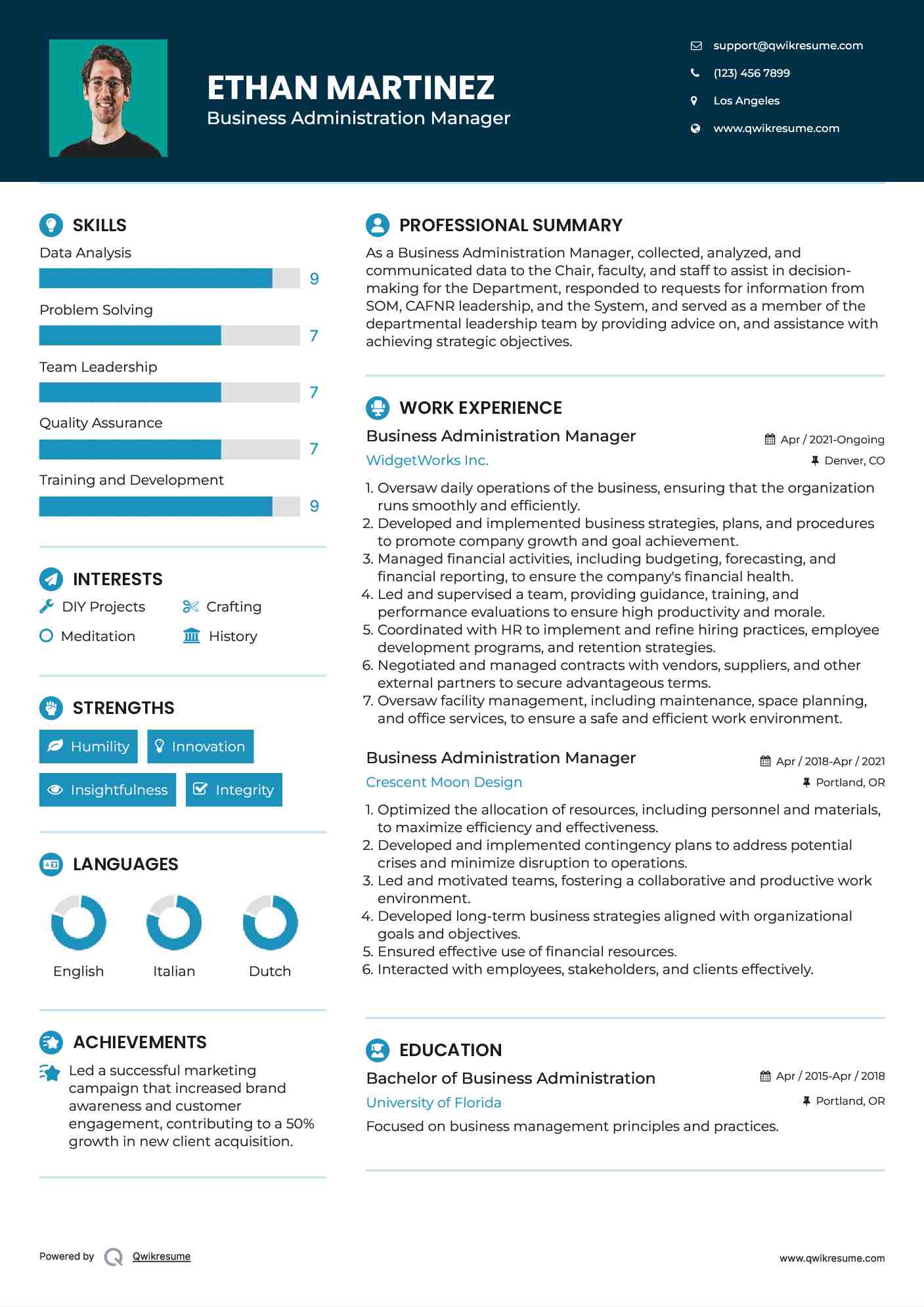 Business Administration Manager Resume Template