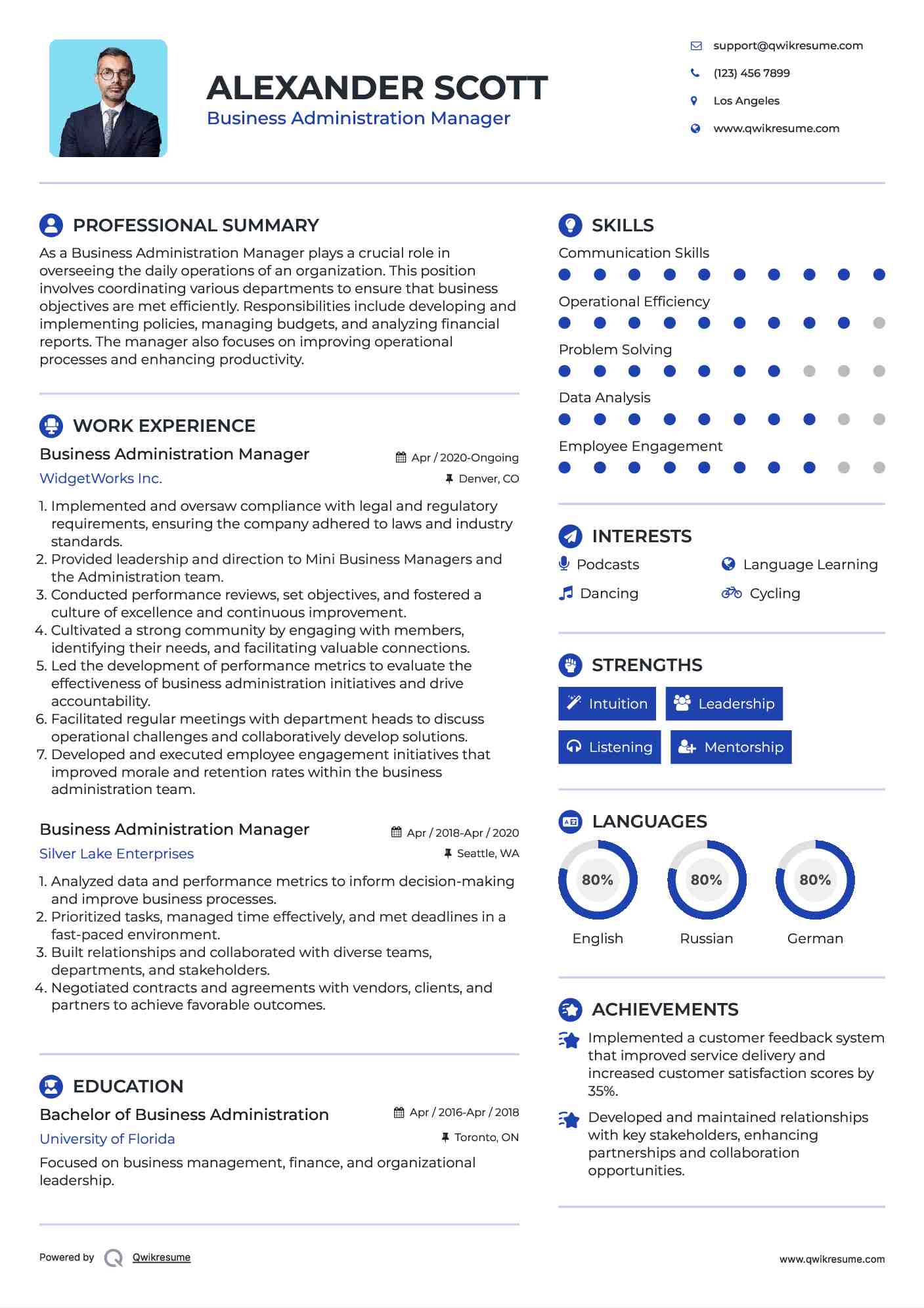 Business Administration Manager Resume Template