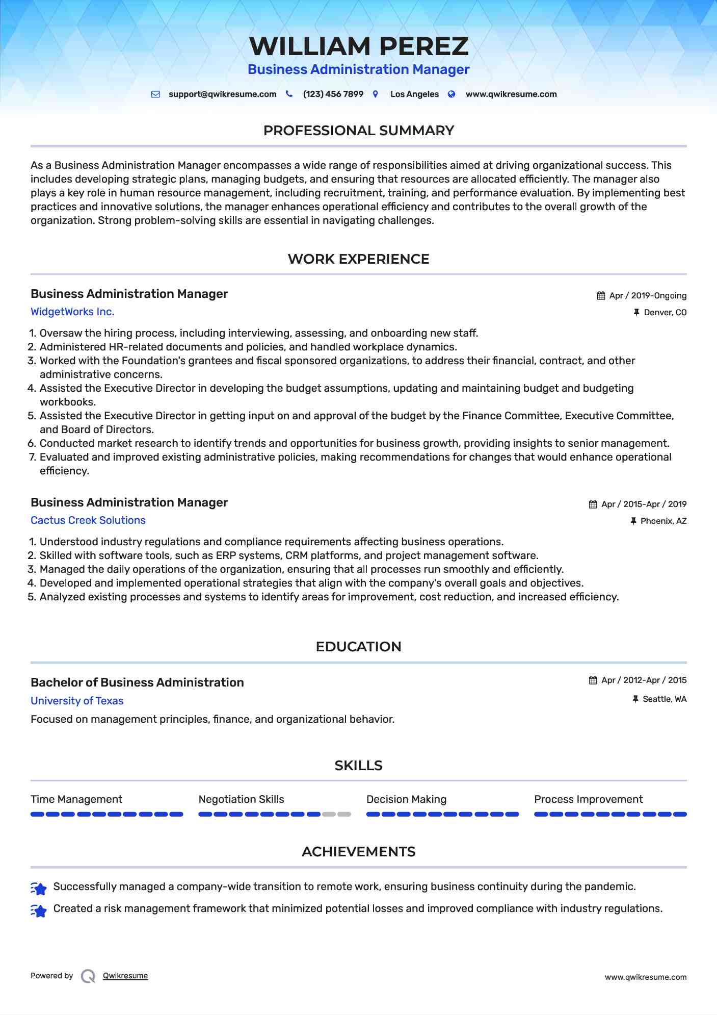 Business Administration Manager Resume Format