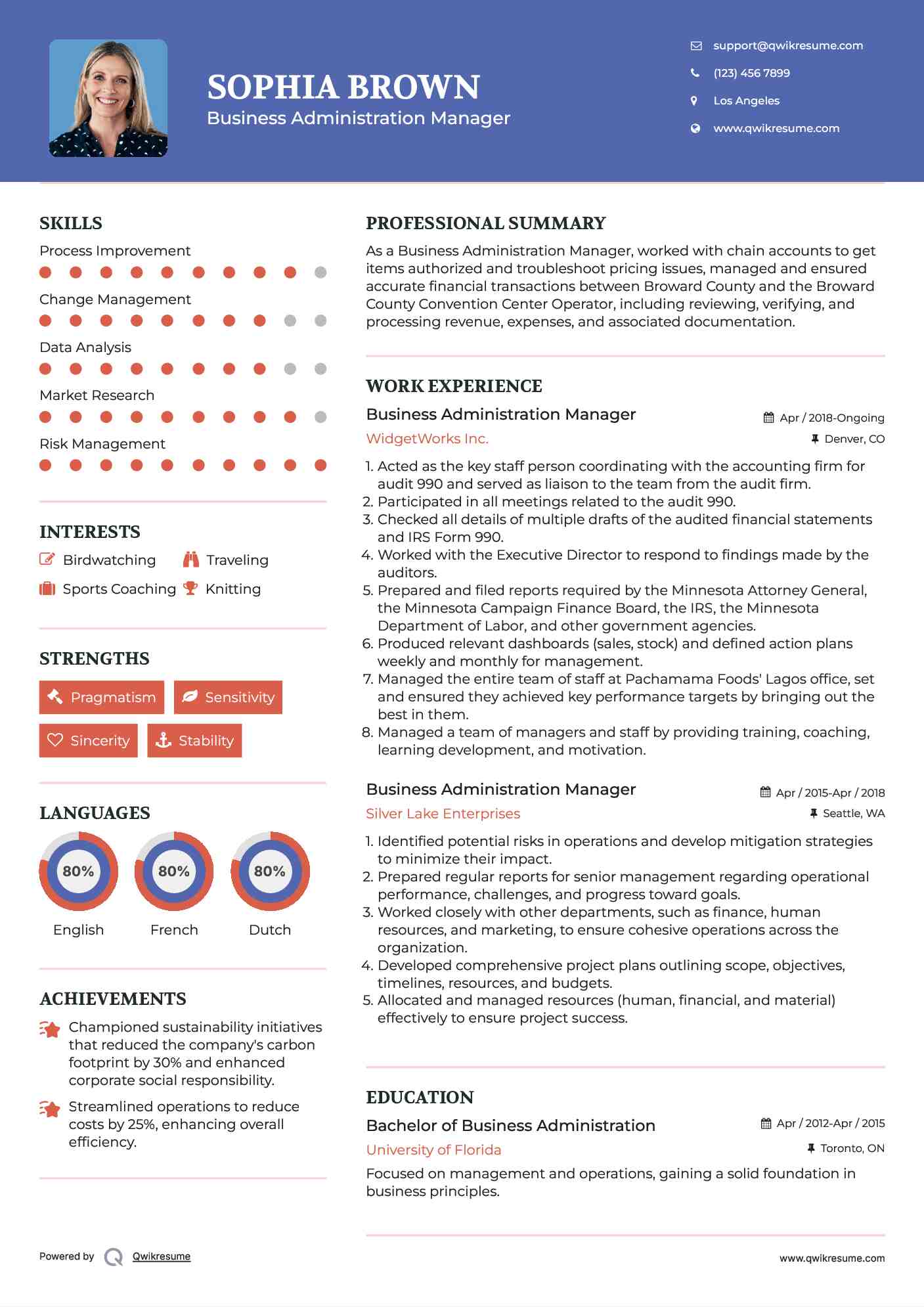 Business Administration Manager Resume Example