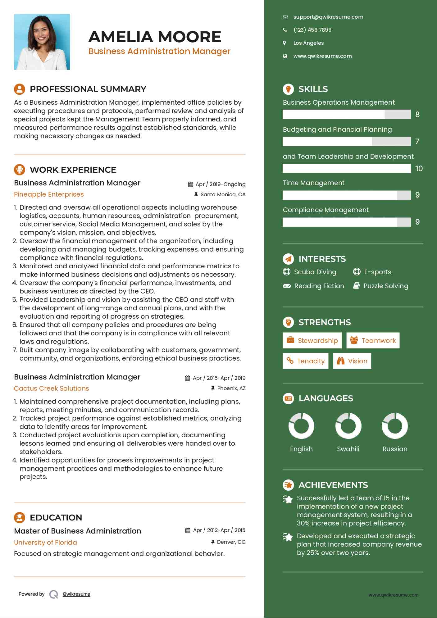 Business Administration Manager Resume Sample