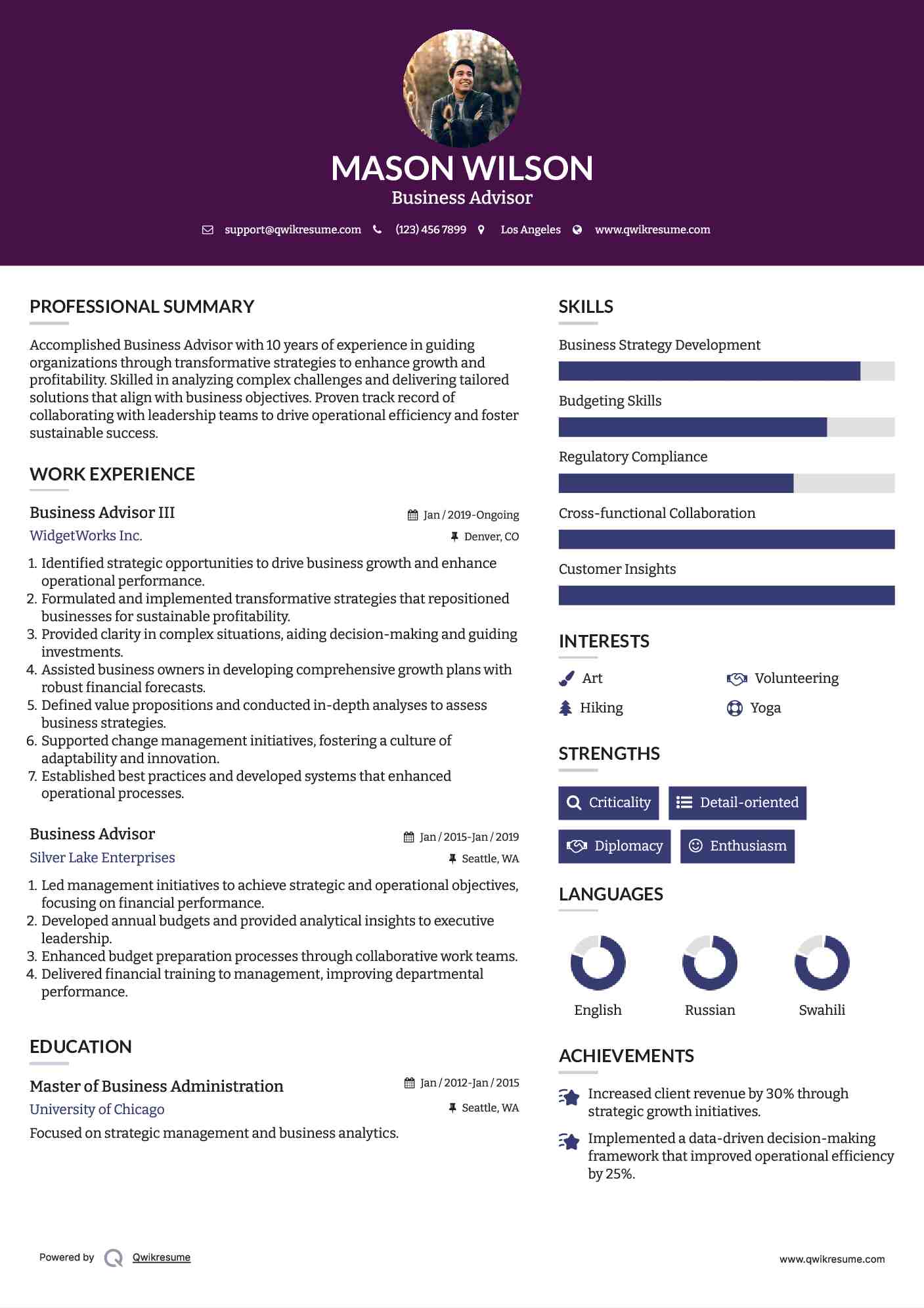 Business Advisor III Resume Sample