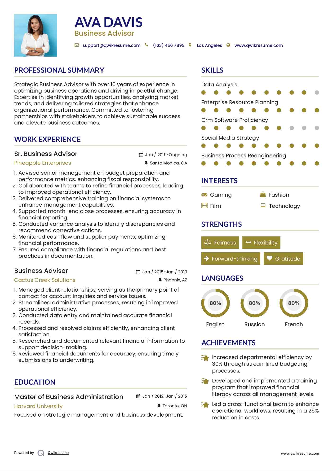 Sr. Business Advisor Resume Example