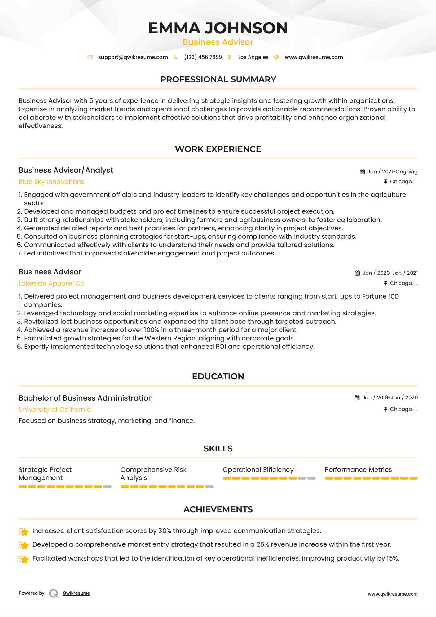 Business Advisor/Analyst Resume Sample