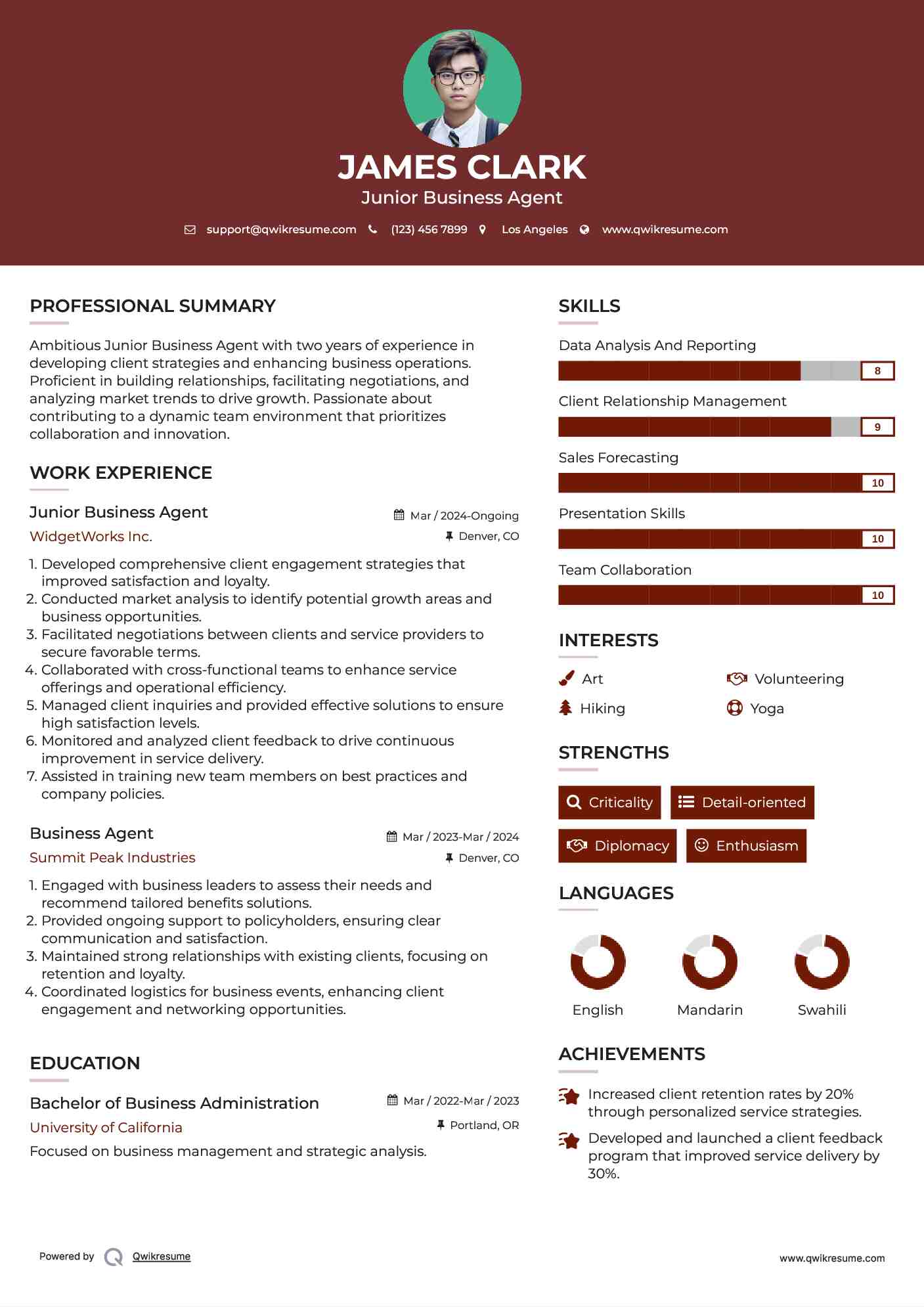 Junior Business Agent Resume Model