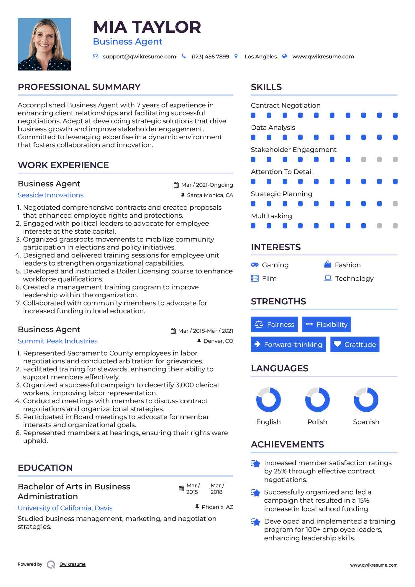 Business Agent Resume Template