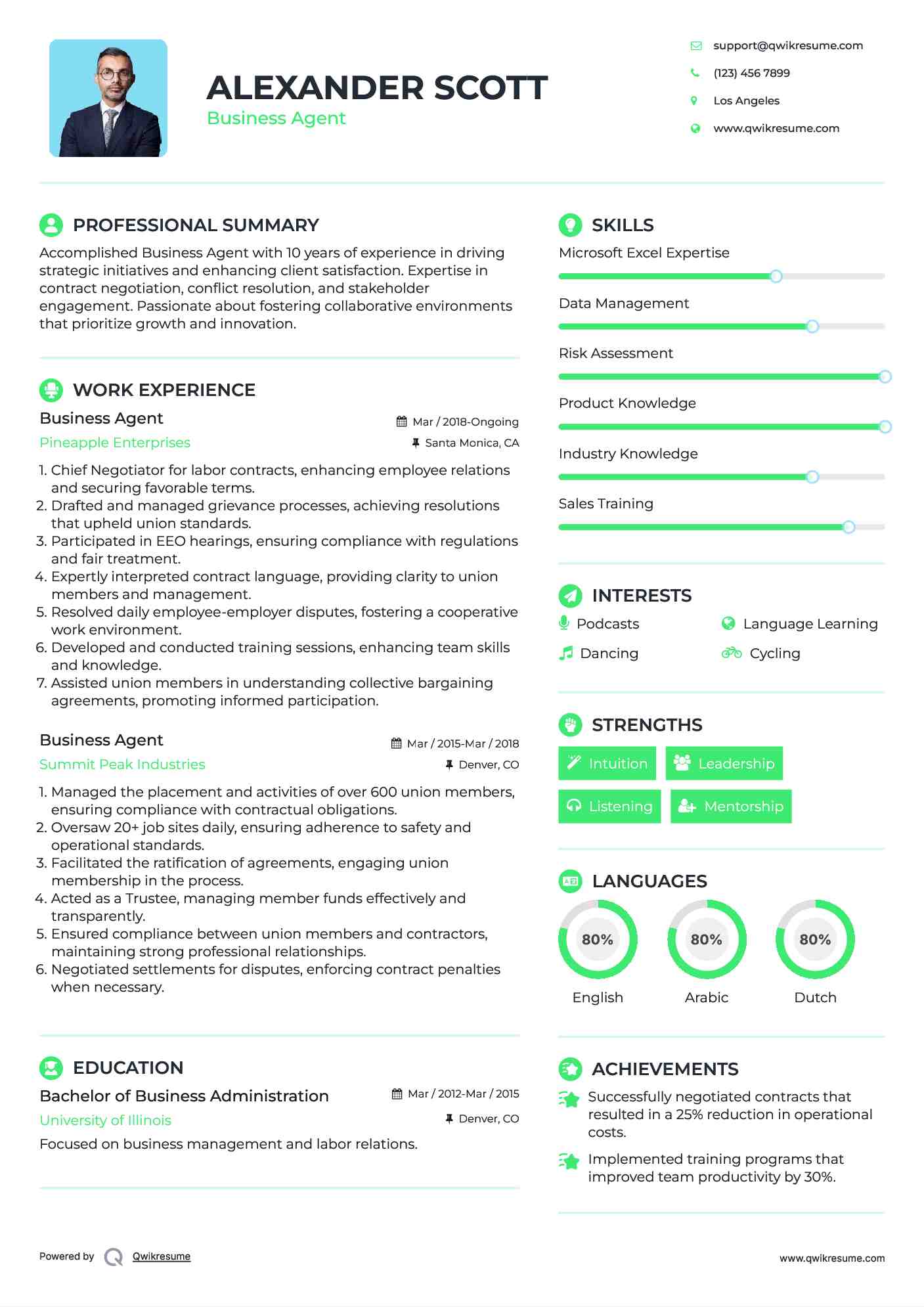 Business Agent Resume Format