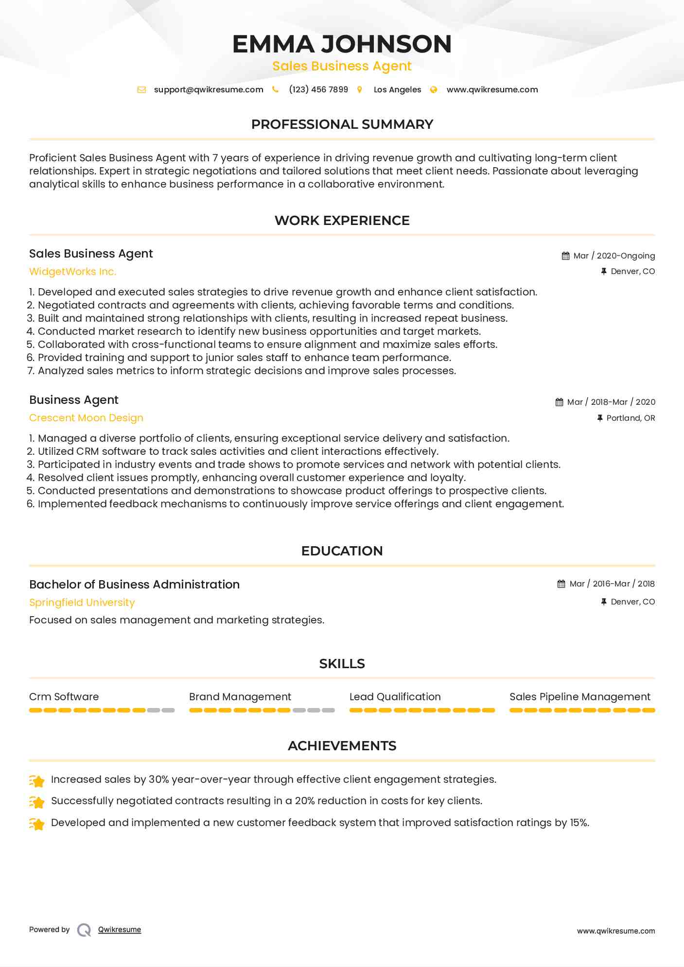 Sales Business Agent Resume Model