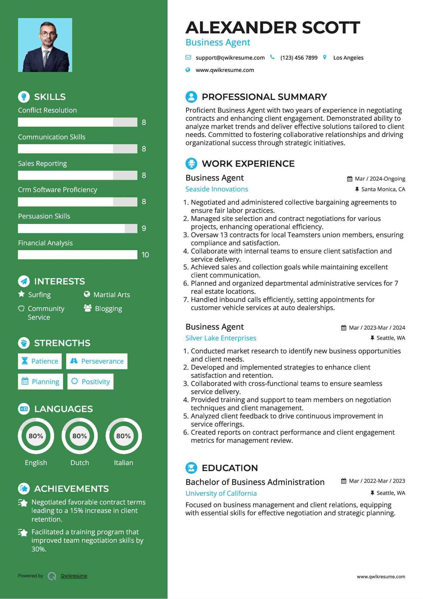 Business Agent Resume Example