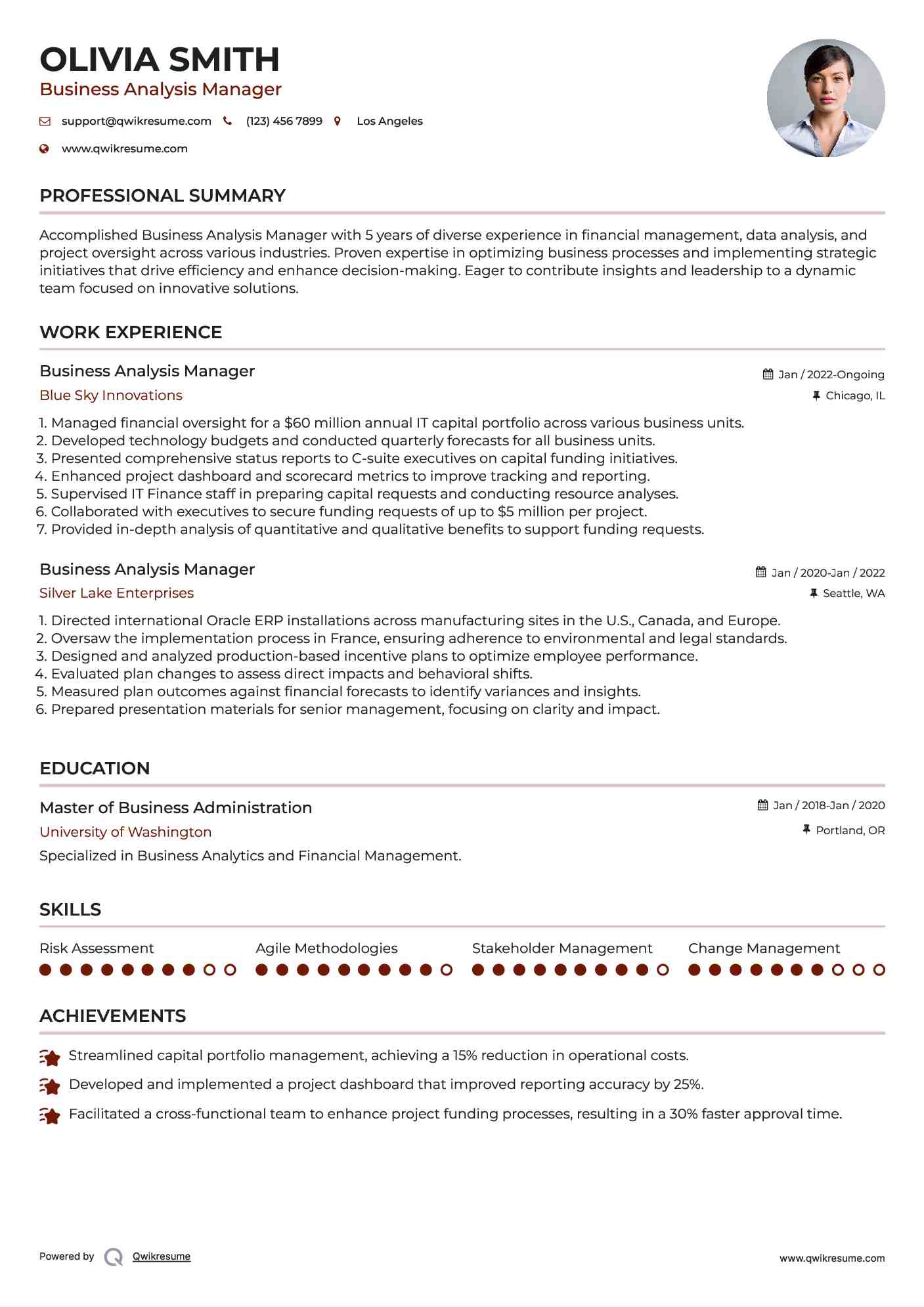 Business Analysis Manager Resume Template