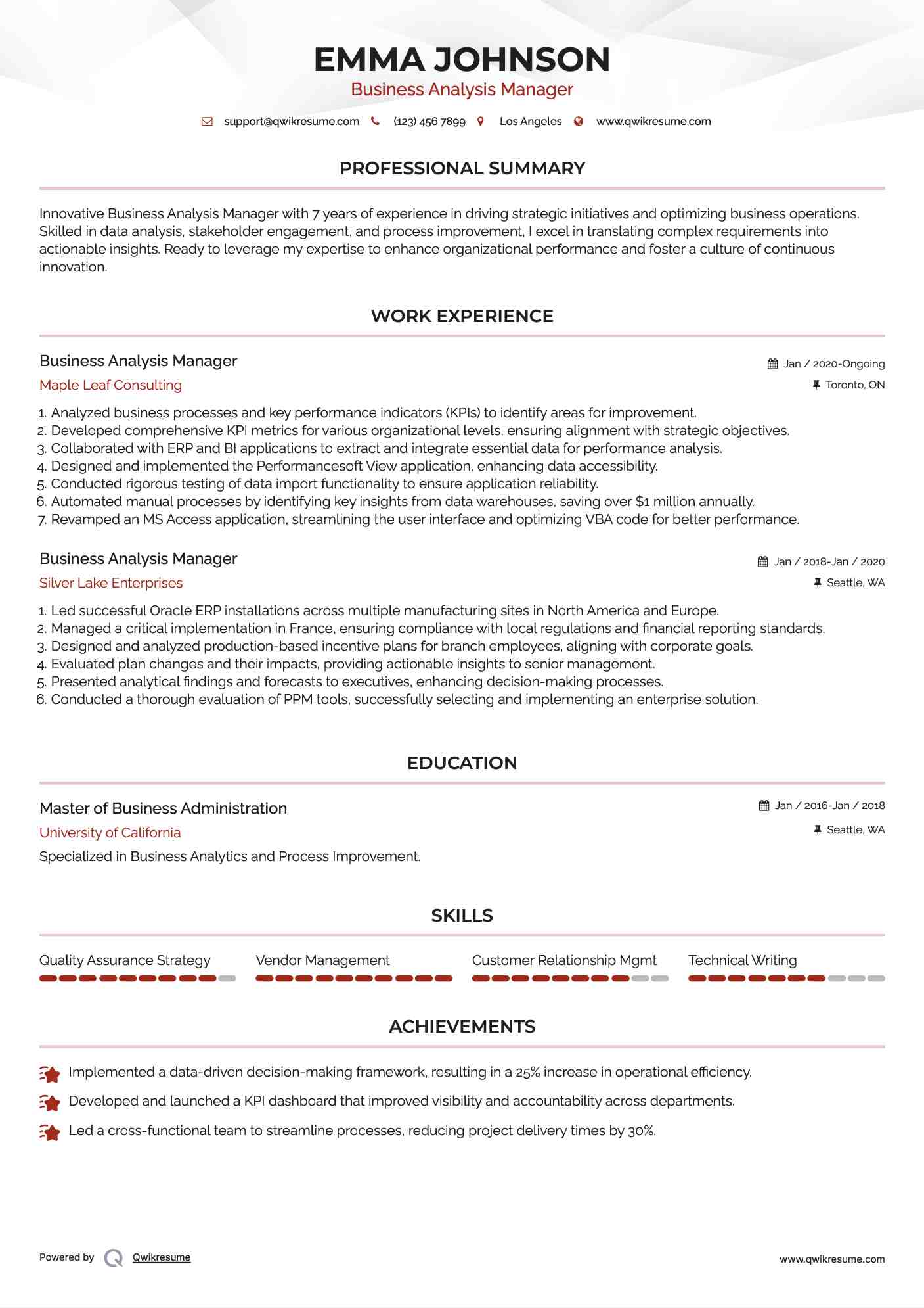 Business Analysis Manager Resume Sample
