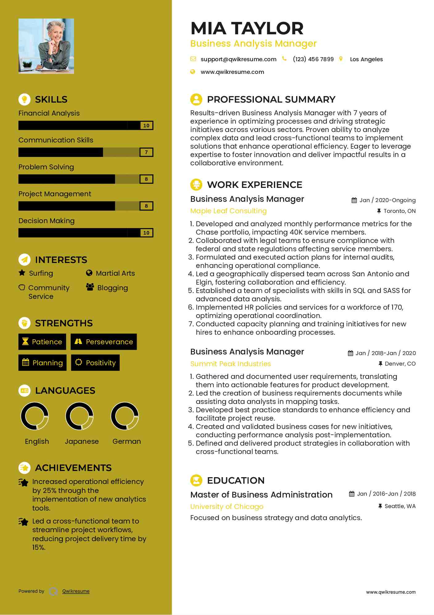 Business Analysis Manager Resume Format