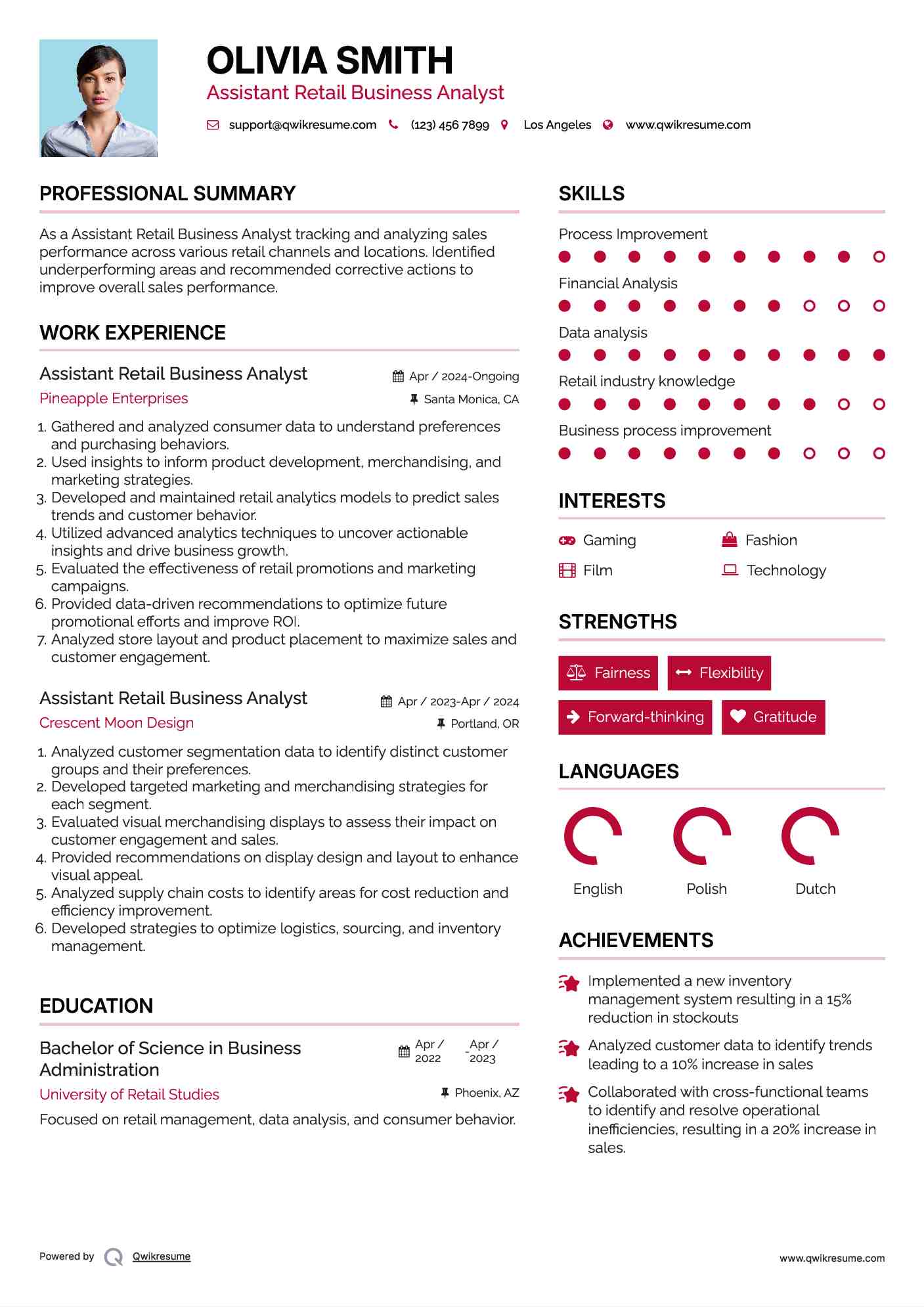 Assistant Retail Business Analyst  Resume Example