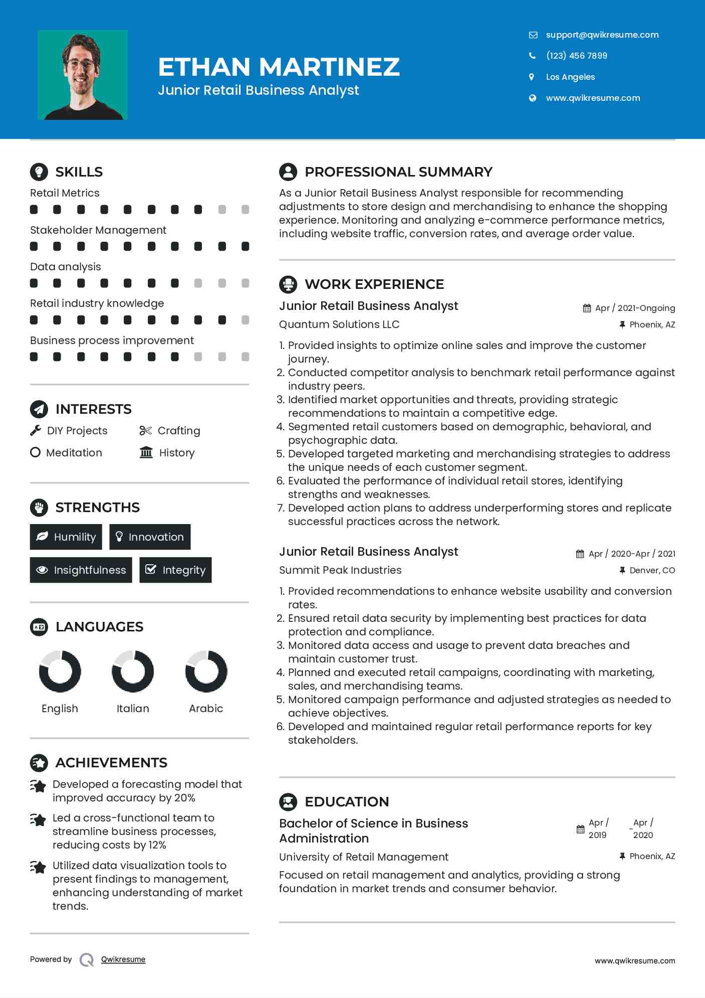 Junior Retail Business Analyst  Resume Model