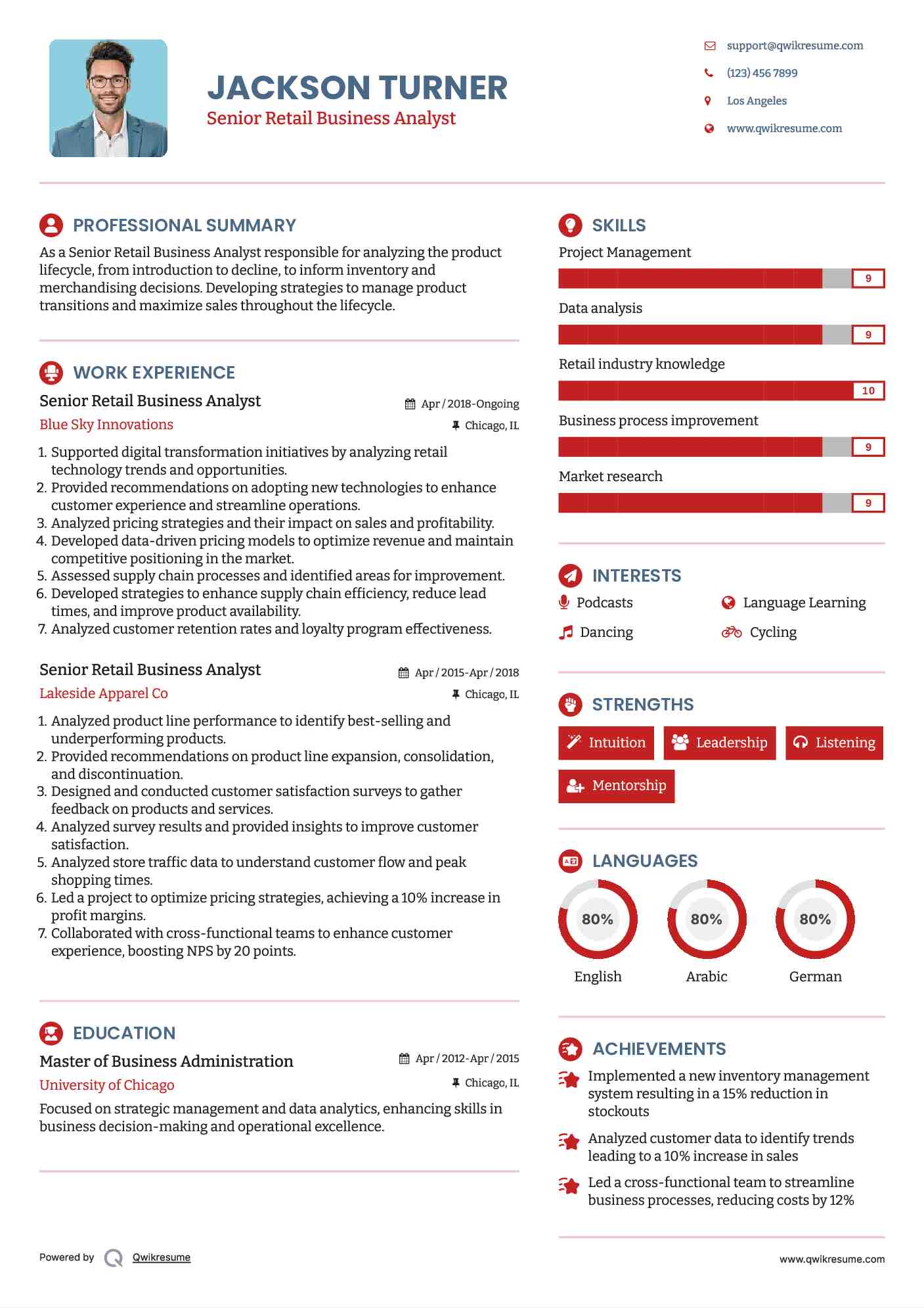 Senior Retail Business Analyst  Resume Example