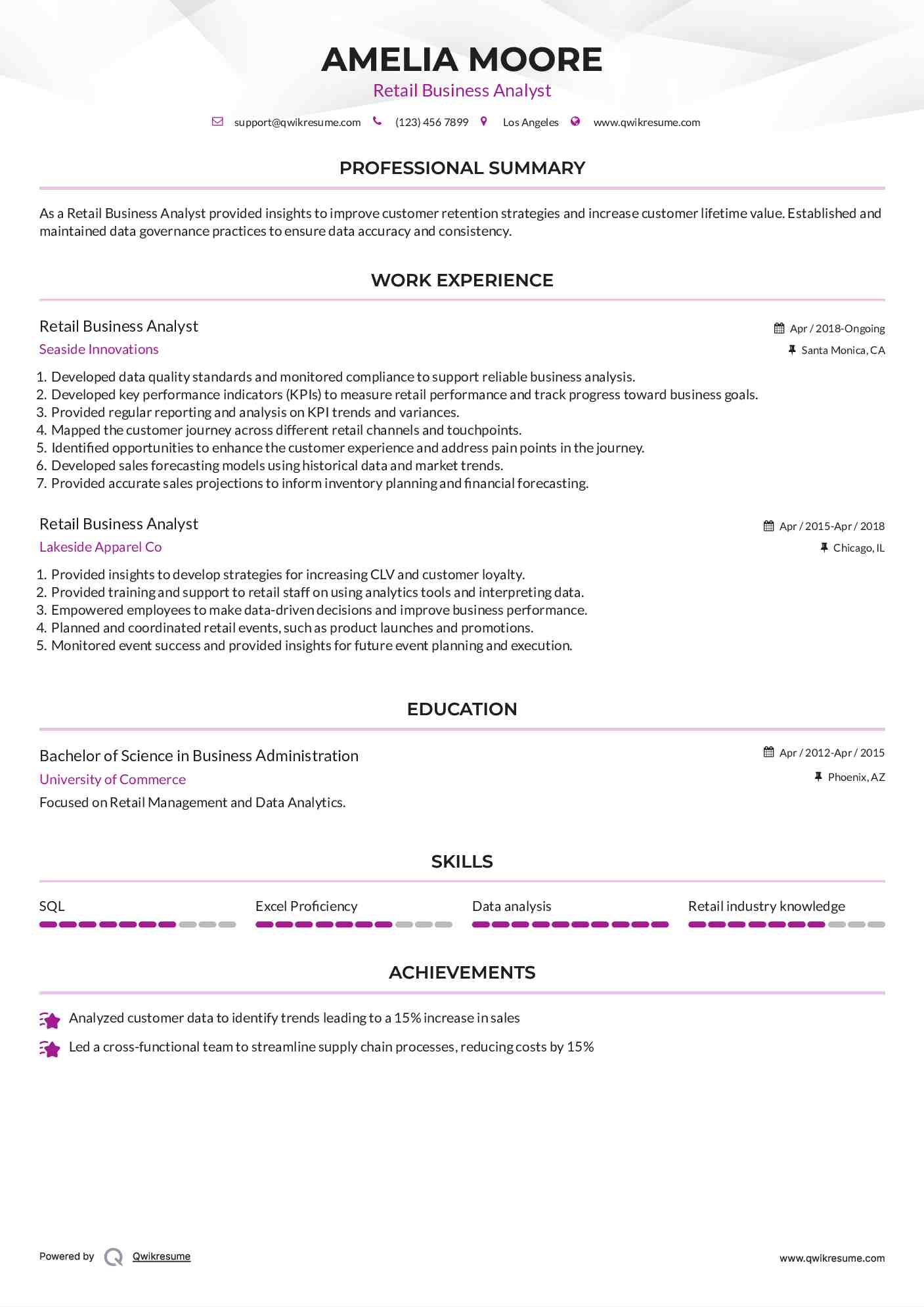  Retail Business Analyst  Resume Model