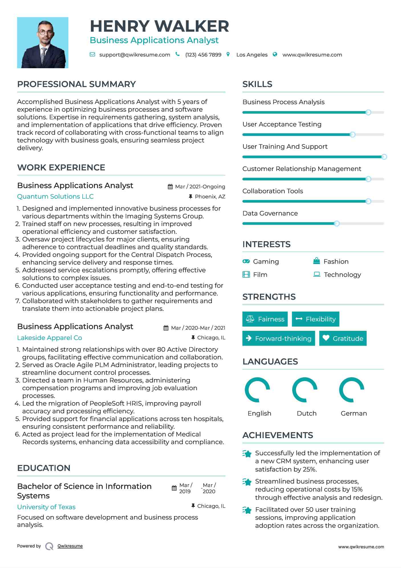 Business Applications Analyst Resume Example