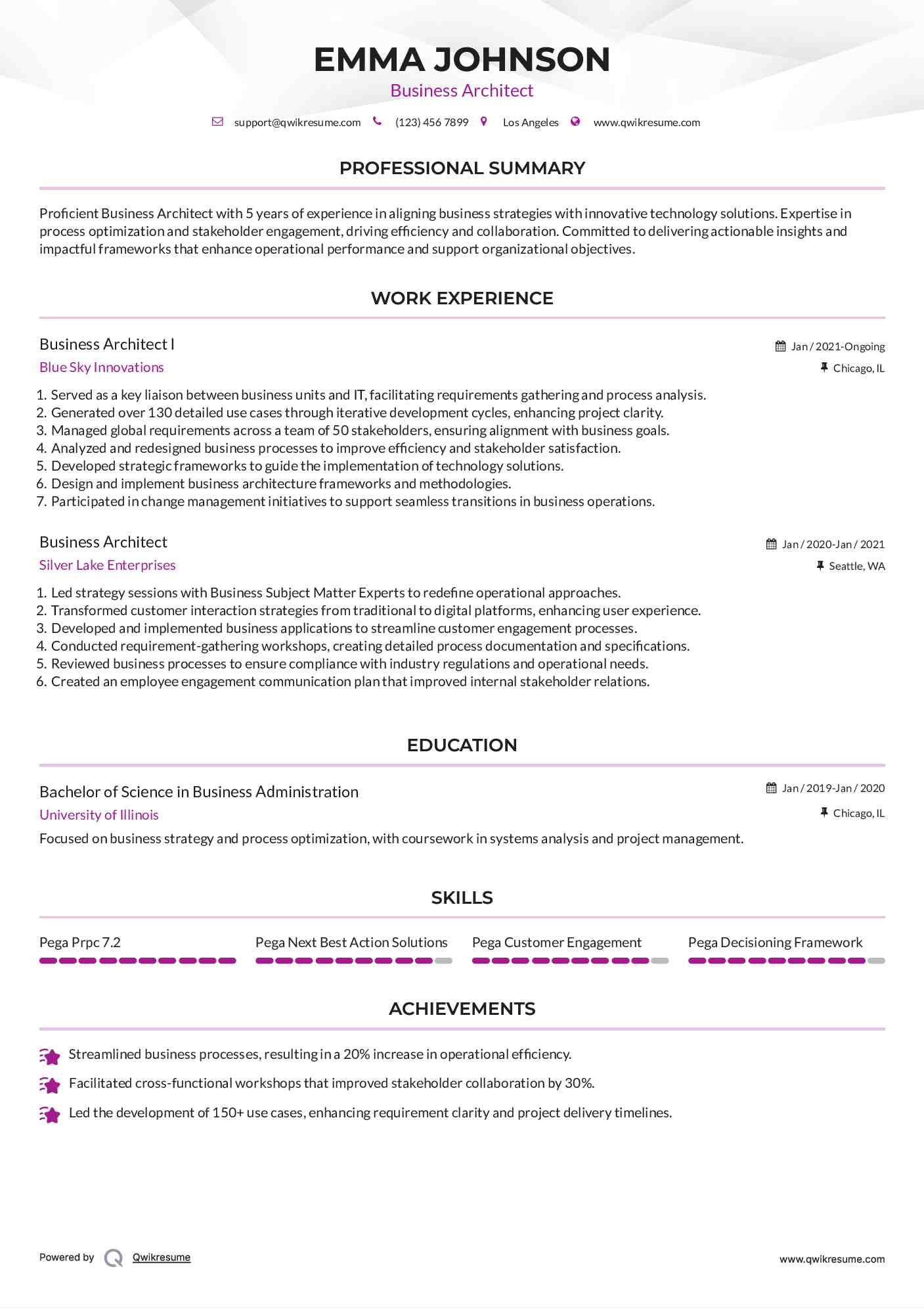 Business Architect I Resume Example