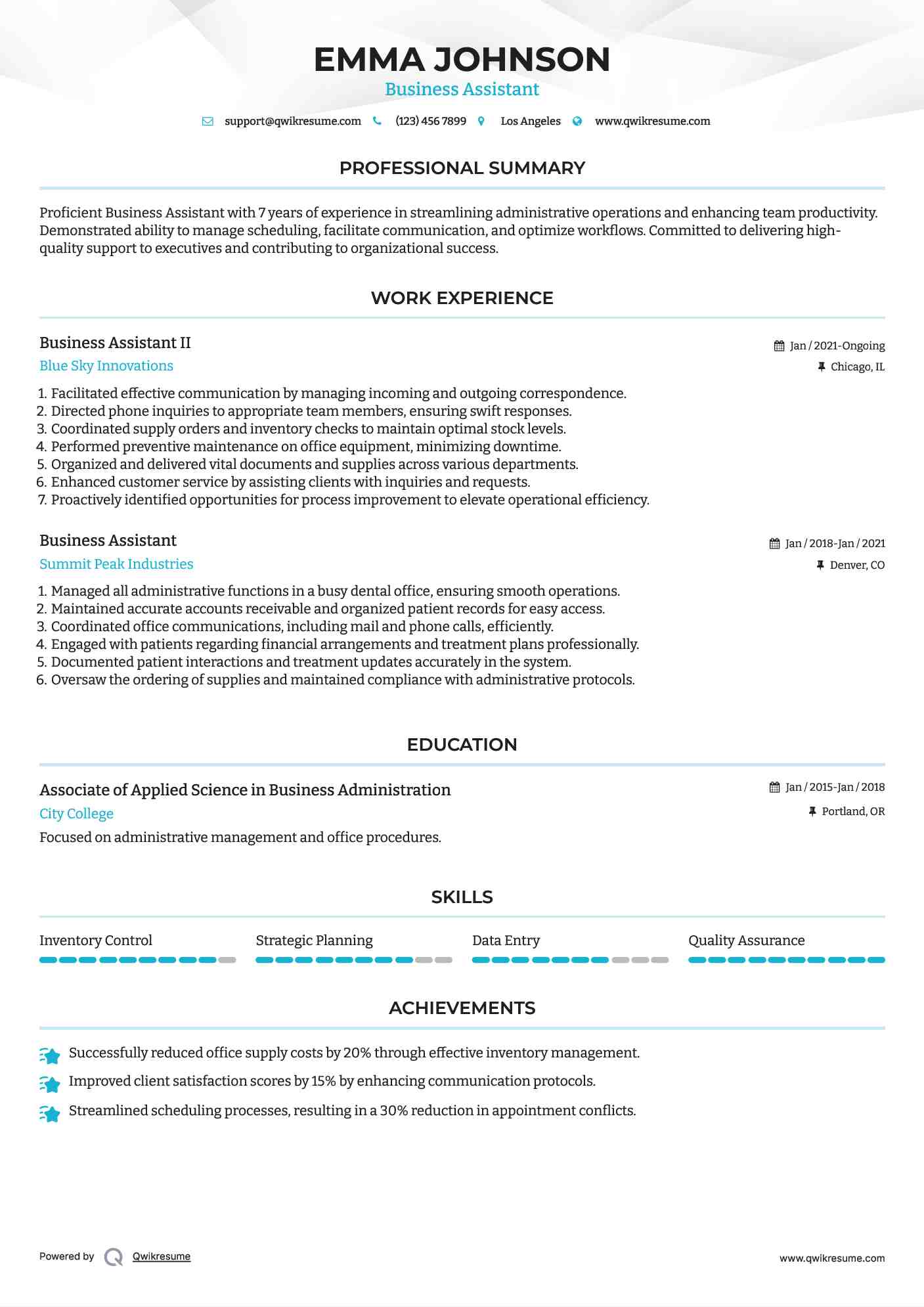 Business Assistant II Resume Sample