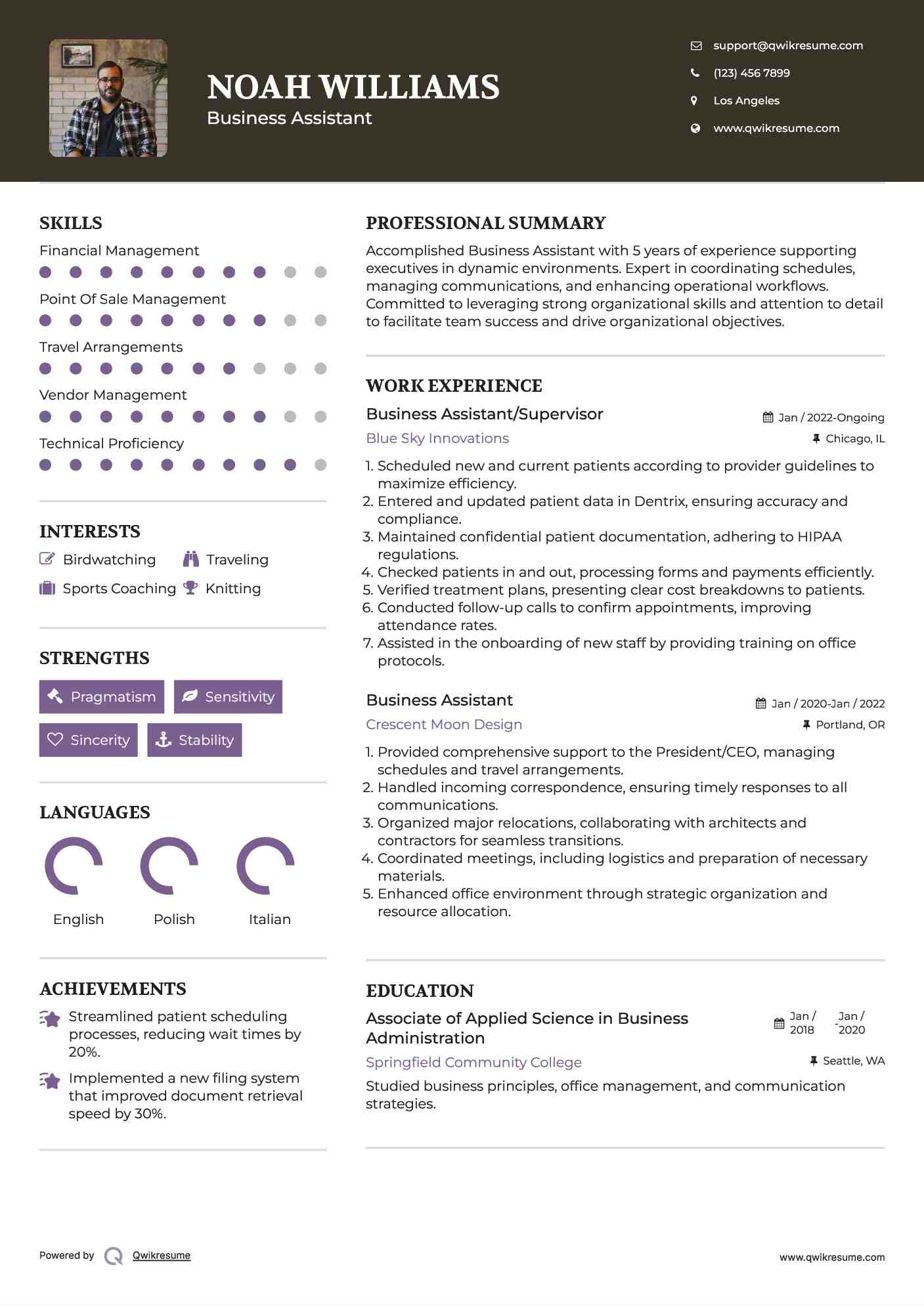 Business Assistant/Supervisor Resume Example