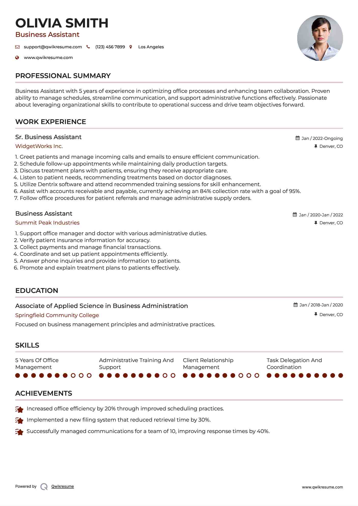 Sr. Business Assistant Resume Template