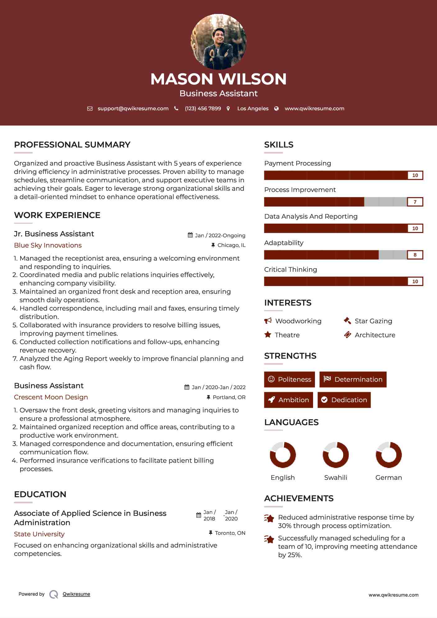 Jr. Business Assistant Resume Model
