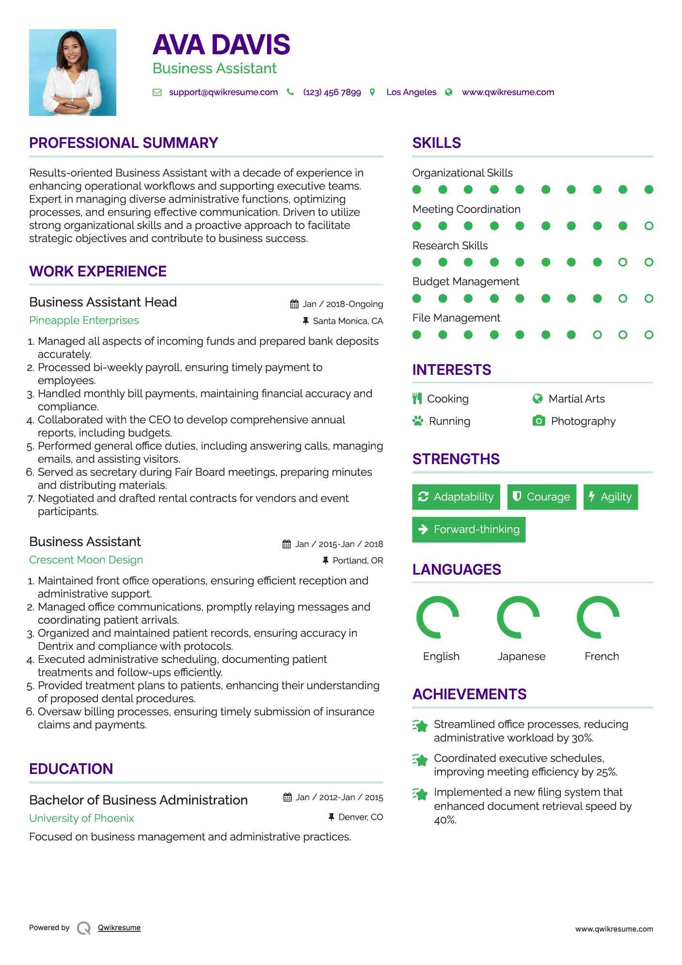 Business Assistant Head Resume Example